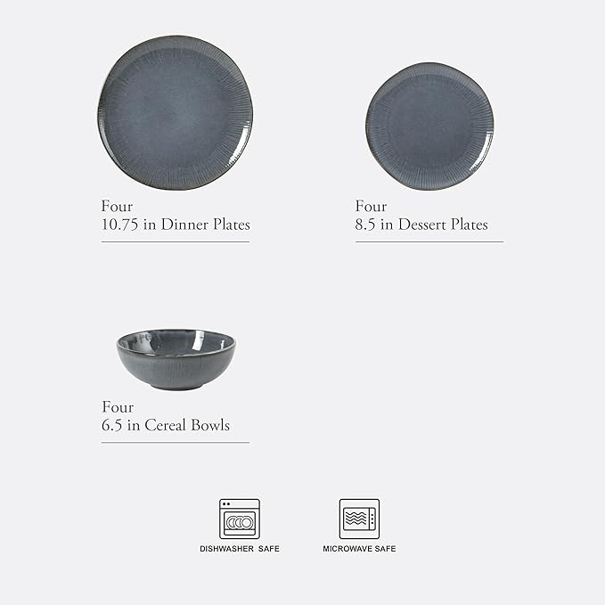 Gibson Elite Sandy Pines Stoneware Plates and Bowls Set - 12 Piece Reactive Glaze Dinnerware Set - Service for 4 - Dishwasher and Microwave Safe - Blue