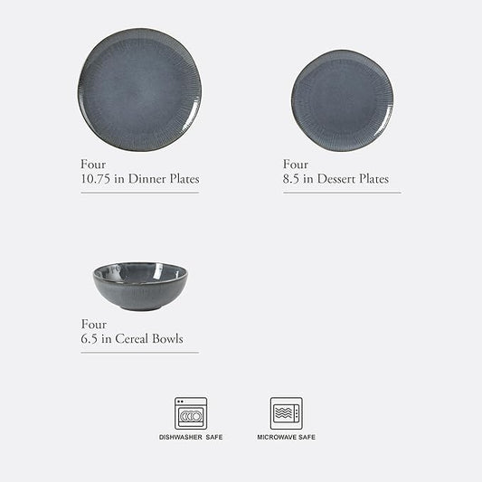 Gibson Elite Sandy Pines Stoneware Plates and Bowls Set - 12 Piece Reactive Glaze Dinnerware Set - Service for 4 - Dishwasher and Microwave Safe - Blue