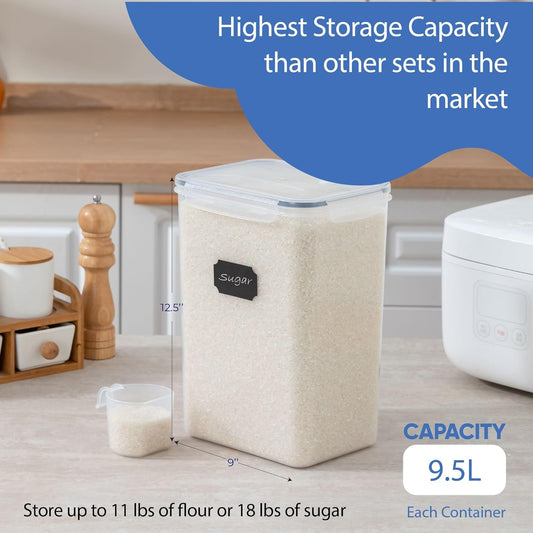 Chef's Path Airtight Food Storage Containers with Measuring Cups, Set of 2, 9.5L, 320Oz, Spacious, Leakproof Design Pantry Canisters for Flour, Sugar, and Bulk Food Storage - Transparent