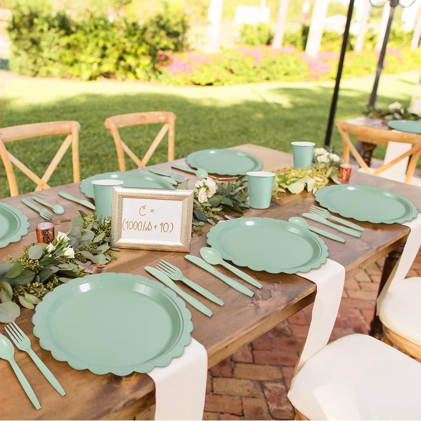 350 Pcs Sage Green Paper Plates and Napkins, Sage Green Party Supplies Include Green Scalloped Plate Paper Napkin Cup Plastic Cutlery for Baby Shower, Wedding, Birthday