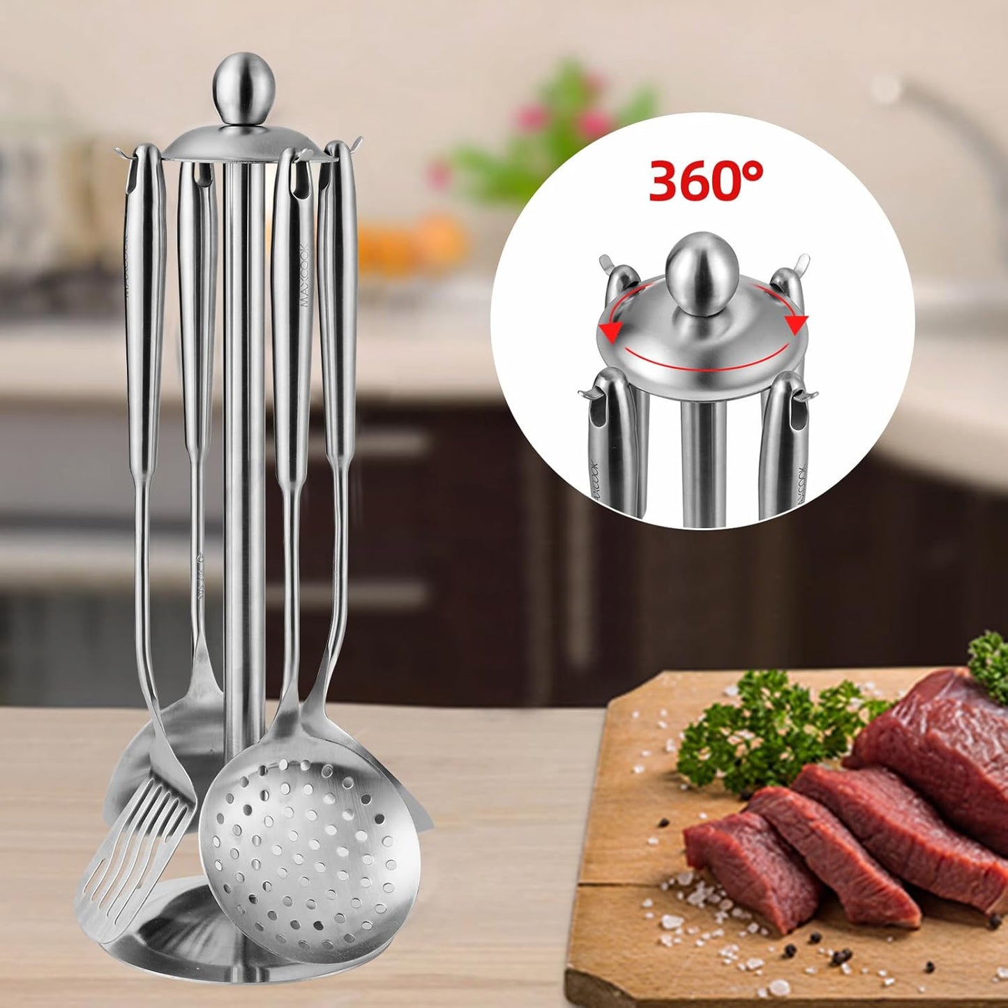5 Pieces Cooking Utensils set, 18/8 Stainless Steel Kitchen Utensil Set with Rotating Holder (Dishwasher Safe)
