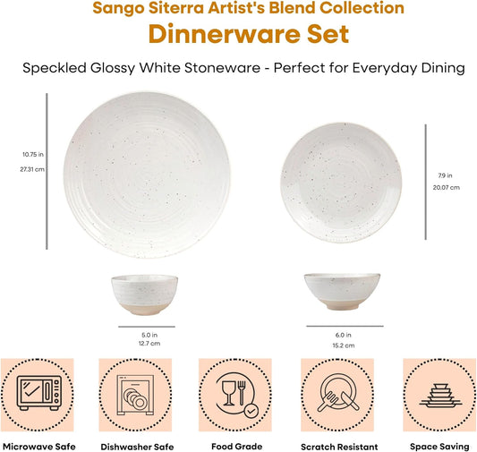 Sango Siterra 16-Piece Rustic White Stoneware Dinnerware Set – Service for 4, White with Glossy Speckle Overlay, for Everyday Dining & Entertainment, Microwave & Dishwasher Safe