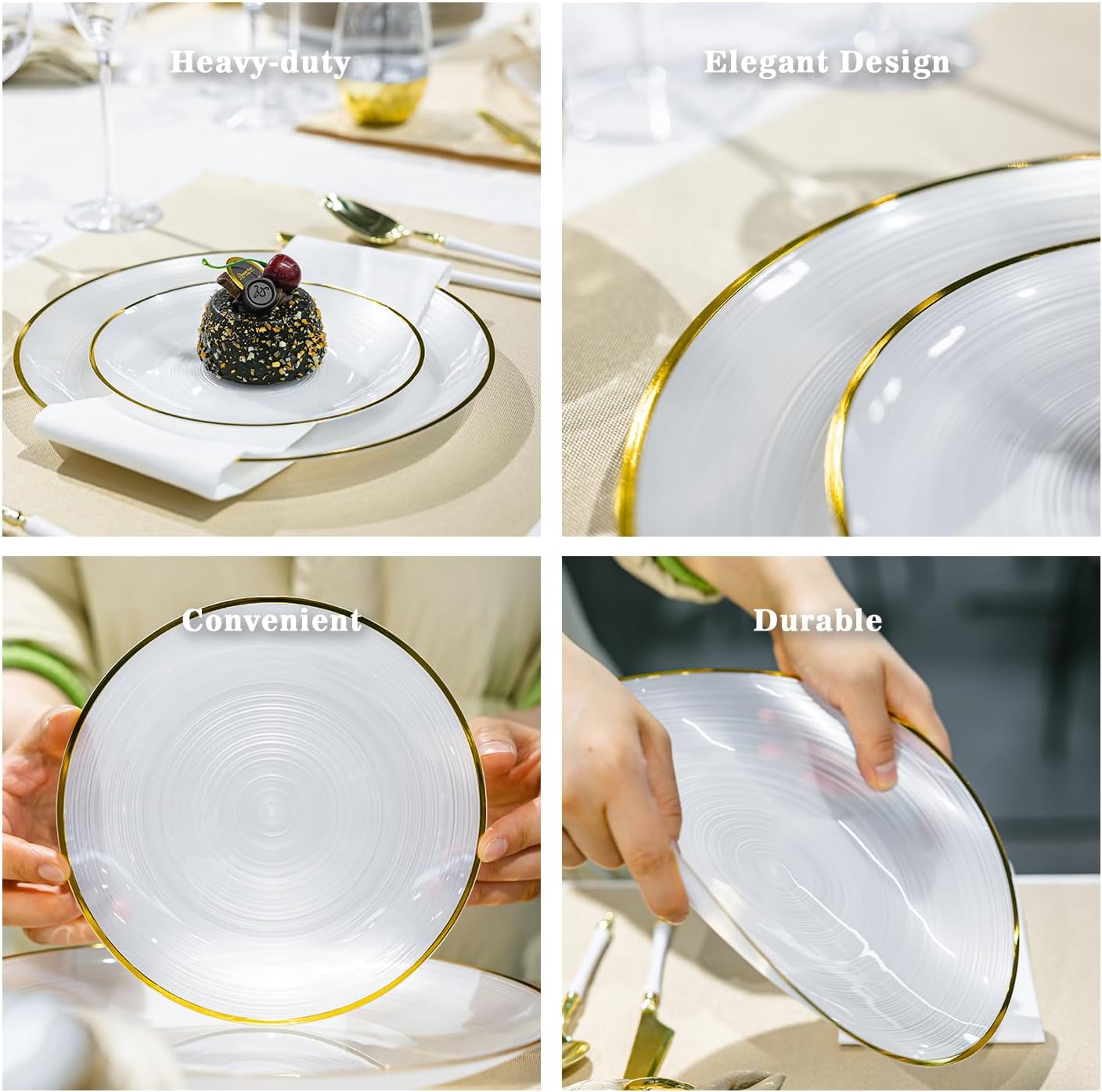 100PCS Pearl White Plastic Plates-Crystal Design Disposable Plates with Gold Rim, Fancy Disposable Plates Include 50 White Dinner Plate and 50 Dessert/Salad Plate for Party & Wedding