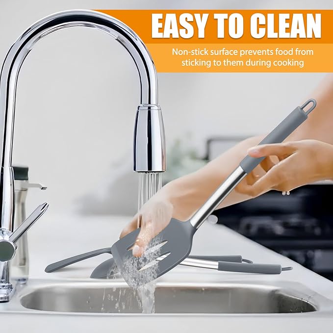 Silicone Spatula Set of 2, E-far Solid & Slotted Turner for Nonstick Cookware, Heat Resistant Rubber Kitchen Cooking Utensils for Flipping Fish Pancake Egg - Grey