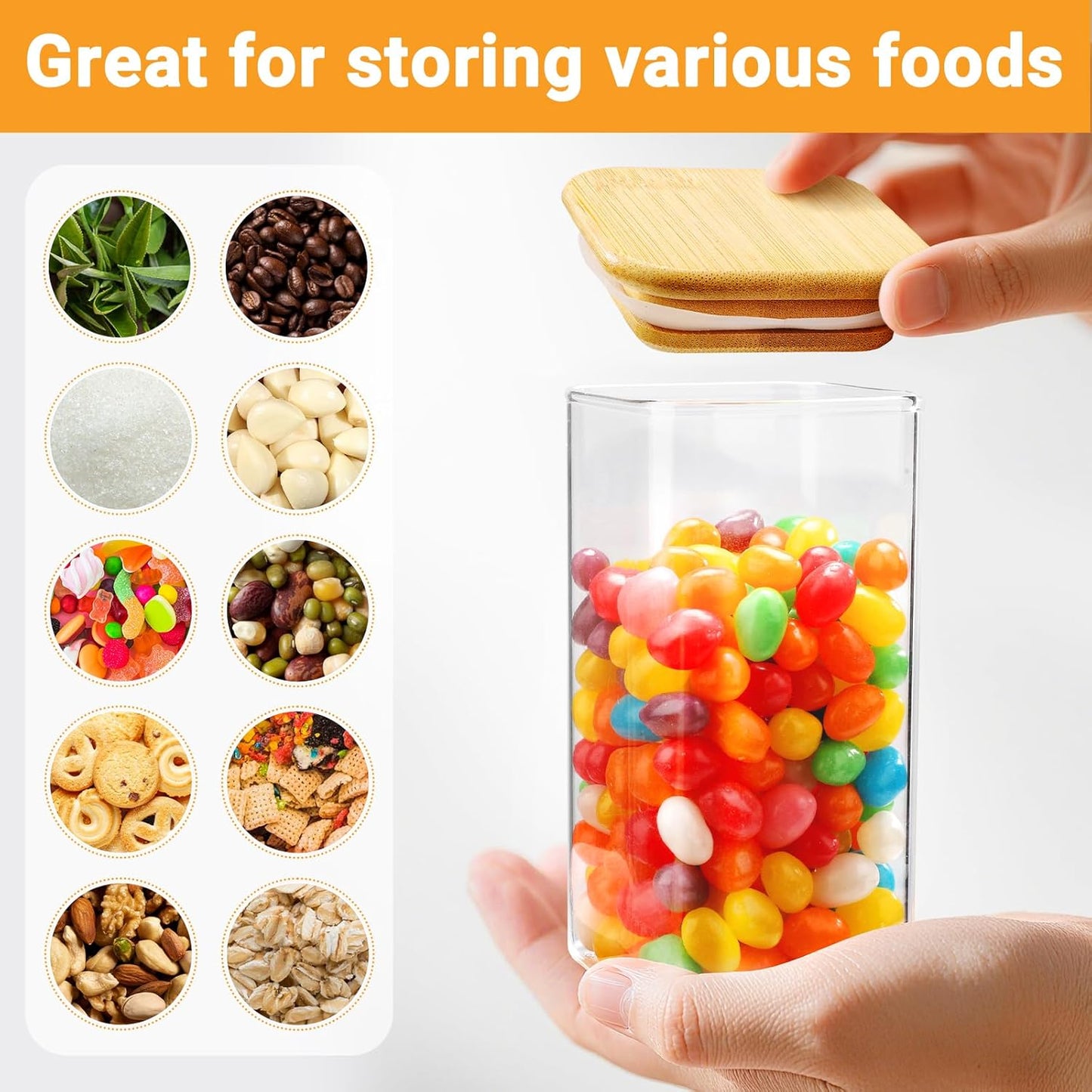 Square Glass Jars with Bamboo Lids, 4 Pack 10 Fl.oz Glass Storage Jars, Sugar Coffee Containers with Airtight Lid, Pantry Canisters for Spice Tea Candy Nuts - Included Labels, Spoon and Marker