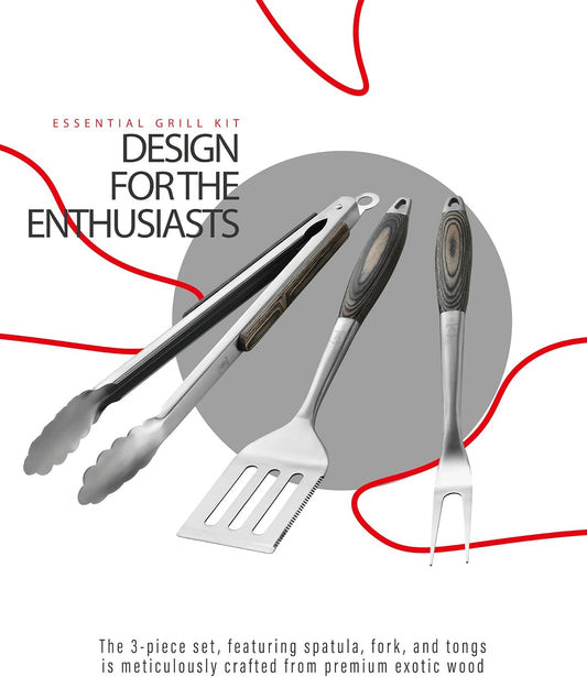 Stainless Steel BBQ Tool Set with Veined-Dyed Wooden Handles | Heavy Duty Grilling Accessories | 3-Piece Outdoor Barbecue Grill Utensil Set with Spatula, Fork, and Tongs - Ideal Gift for Men…