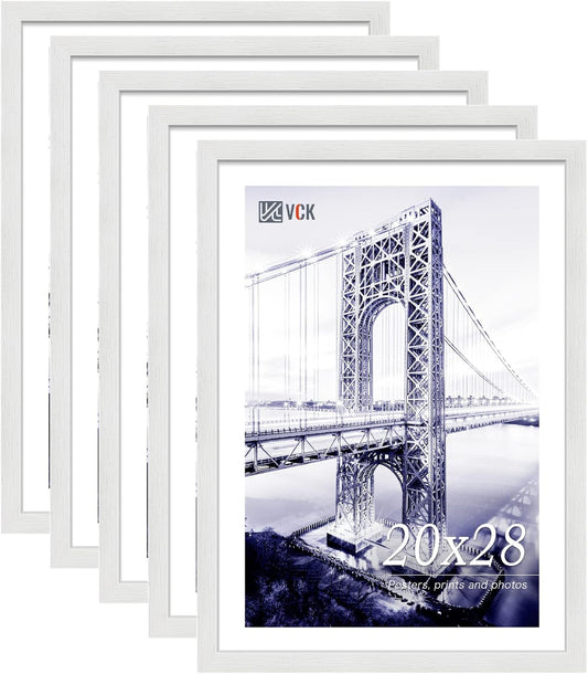 VCK 20x28 Solid Wood Poster Frame Set of 5,Textured Exclusive White Picture Frames, Wall Hanging