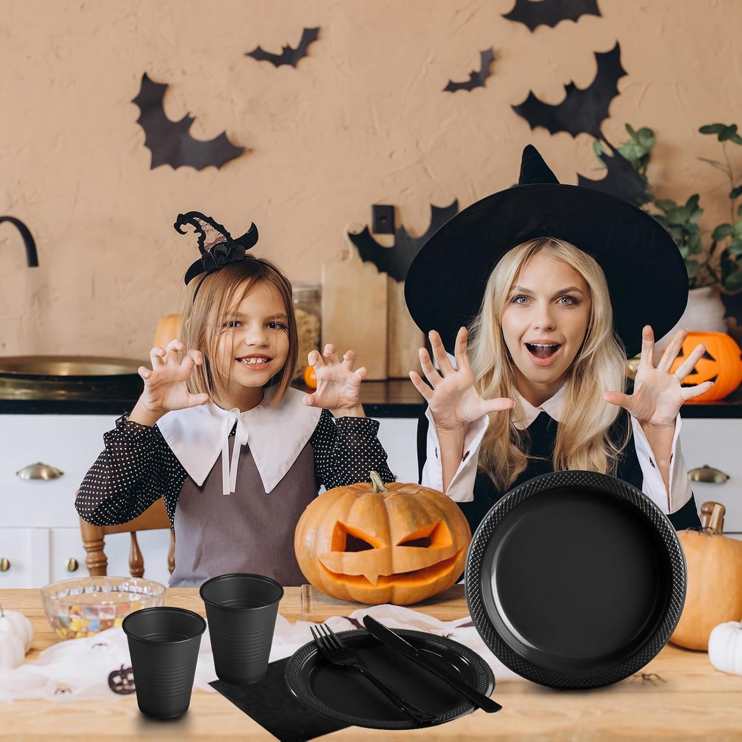 Black Plastic Plates, 25 Guest Disposable Dinnerware Set for Halloween Party, Black Party Supplies, Includes 25 Dinner Plates, 25 Dessert plates, 25 plastic Cutlery, 25 Napkins and 25 12 oz Cups
