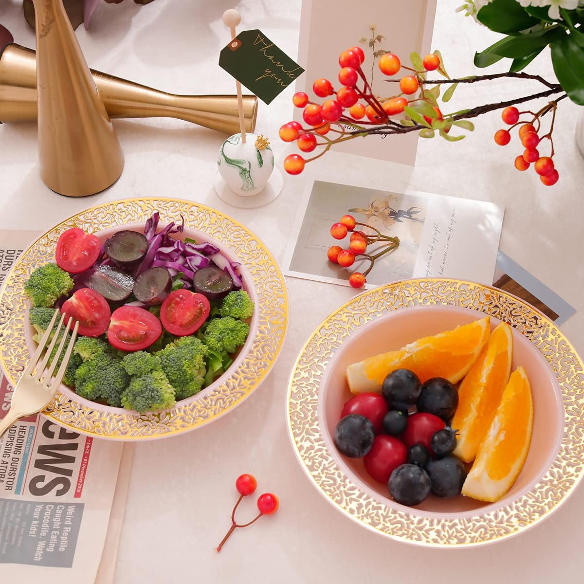 I00000 60pcs Pink Gold Plastic Bowls, 12 oz Dessert Bowls, Gold Lace Trim China Look, Premium Heavy Duty Soup Bowls for Party, Disposable salad Bowls for Wedding
