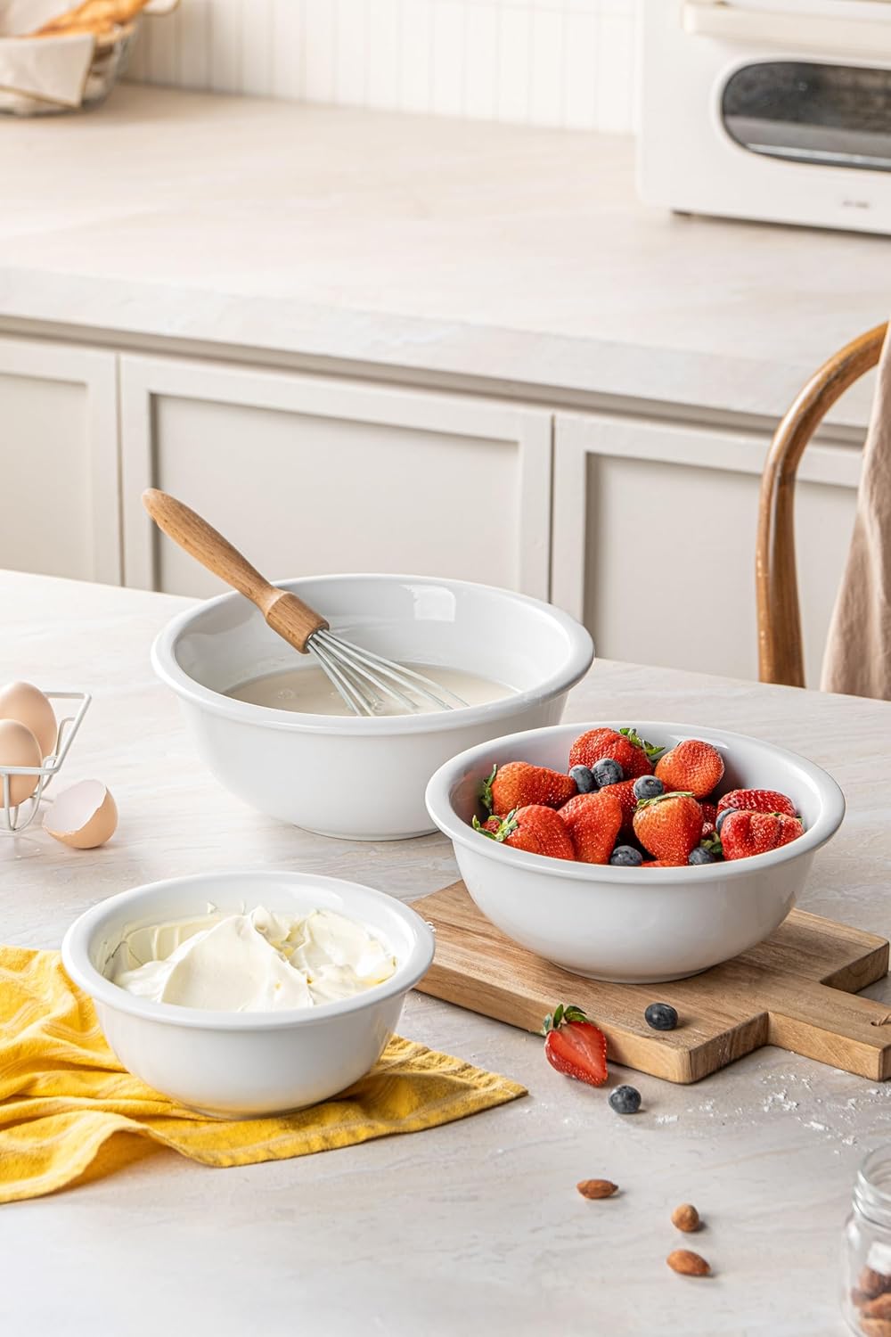 3-Piece Poecelain Mixing Bowls Set For Prepping, Serving, Gift,Baking and Cooking, Preheated Oven, Microwave, and Freezer, Dishwasher Safe (Pure White)