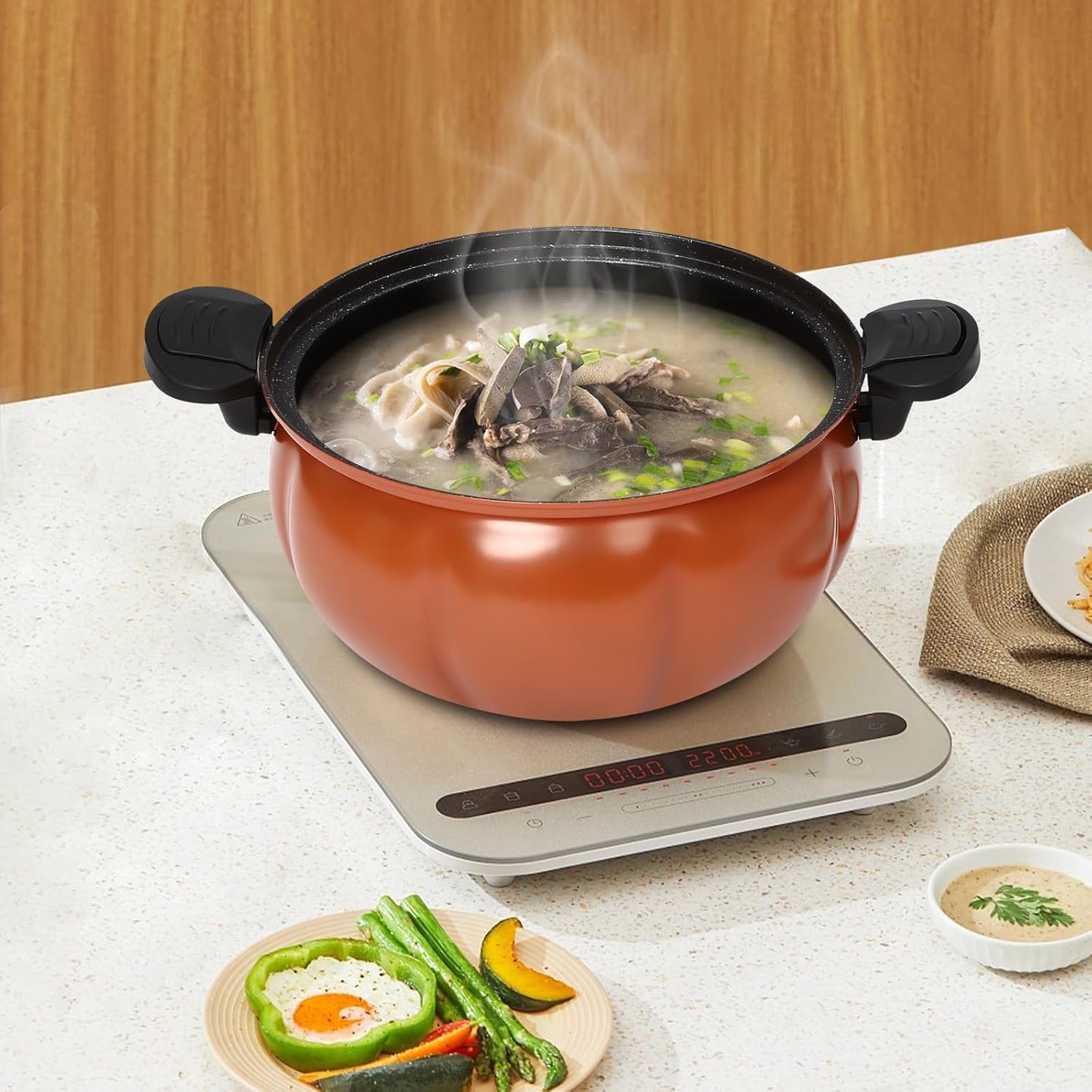 2.11gal Pumpkin Micro Pressure Cooker Non-stick Micro Pressure Cooking Pot with Clear Lid Stew/Soup Pot for Open Flames & Gas Stoves (Orange) Halloween Thanksgiving Decorative Pot Gift