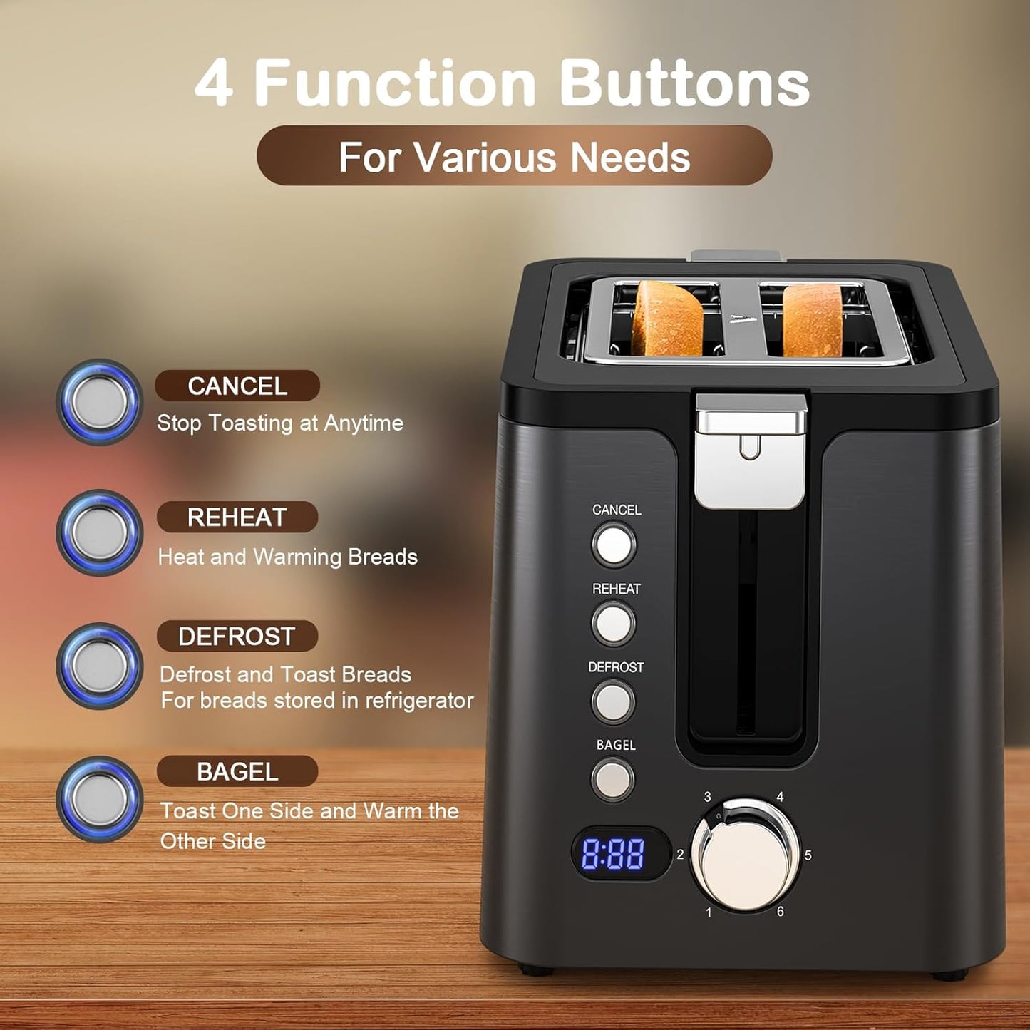 Mecity Toaster 2 Slice Stainless Steel Body, Timer, Bagel, Defrost, Reheat, Cancel Functions, Warming Rack, Removable Tray, 6 Browning Settings, Extra Wide Slots, Bread Toaster, 120V 800W Black