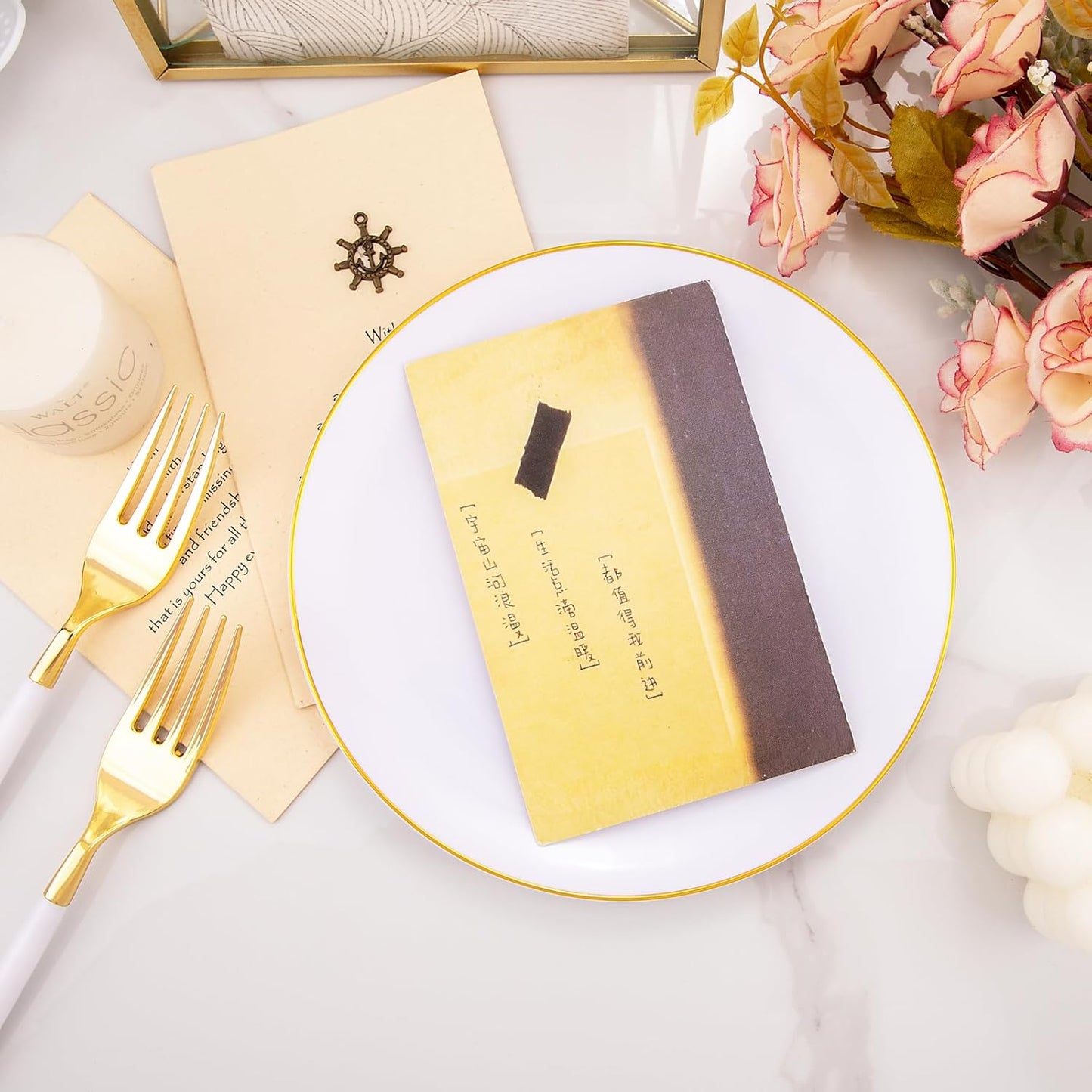 I00000 72PCS White Plastic Dessert Plates 7.5" with 72PCS Disposable Forks 8.5", Disposable White Dessert Plate, Fancy Salad Plates with Gold Rims Perfect for Wedding