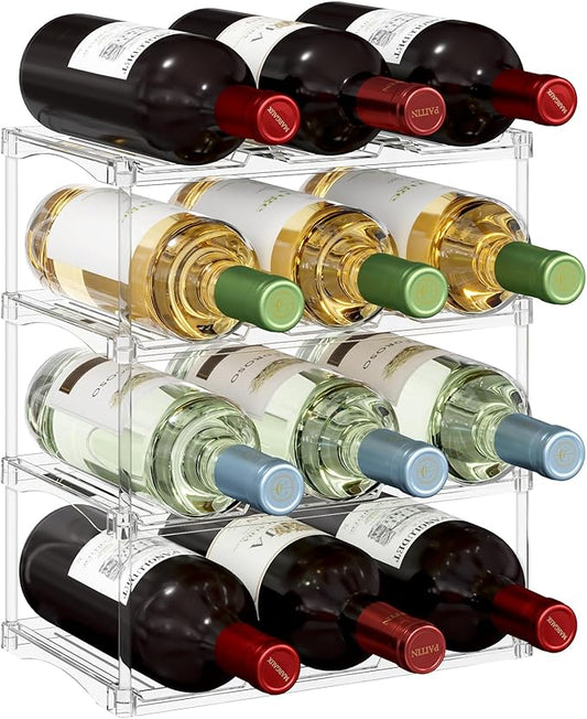 Lifewit Stackable Water Bottle Storage Organizer, Clear Freestanding Wine Bottle Holder for Cabinet, Tumbler Cup Organizer, Plastic Large Compartment Wine Rack for Fridge Cellar, 3Tier Hold 12