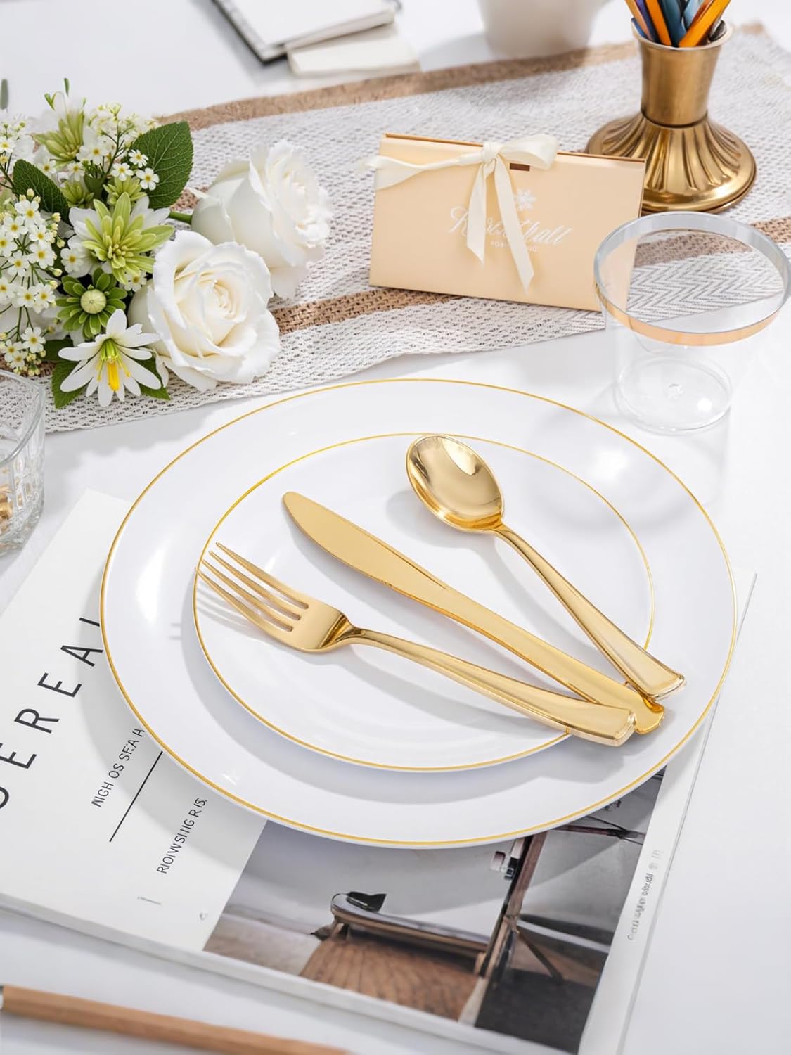 WDF 300PCS White and Gold Plates - Wedding Plastic Dinnerware Set for 50 Guests Include 50 Dinner & 50 Cake Plates, 50 Cutlery, 50 Cups for Wedding, Birthday, Thanksgiving Party