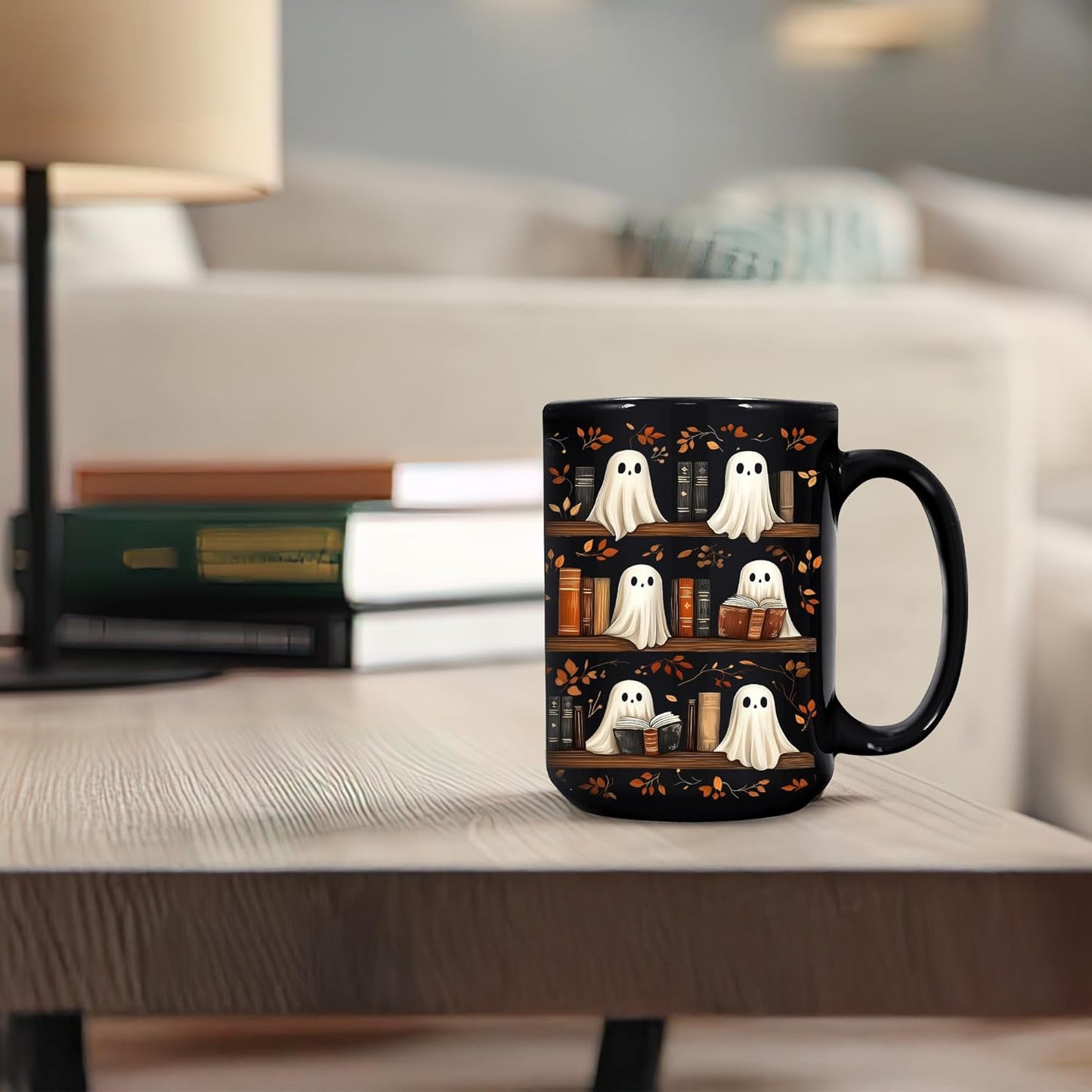 Hyturtle Cute Ghost Read Book Mug - Black Coffee Cup Ceramic Mug 15 Oz And Keychain - Book Gifts For Women Lover - Bookish Gift For Bookworm Librarian - Inspirational Librarian Present For Halloween