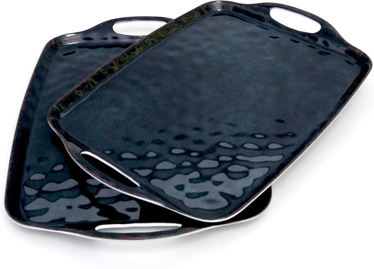 TP Serving Trays with Handles, 19 Inch Large Rectangular Melamine Serving Platter Set of 2, Retro Black