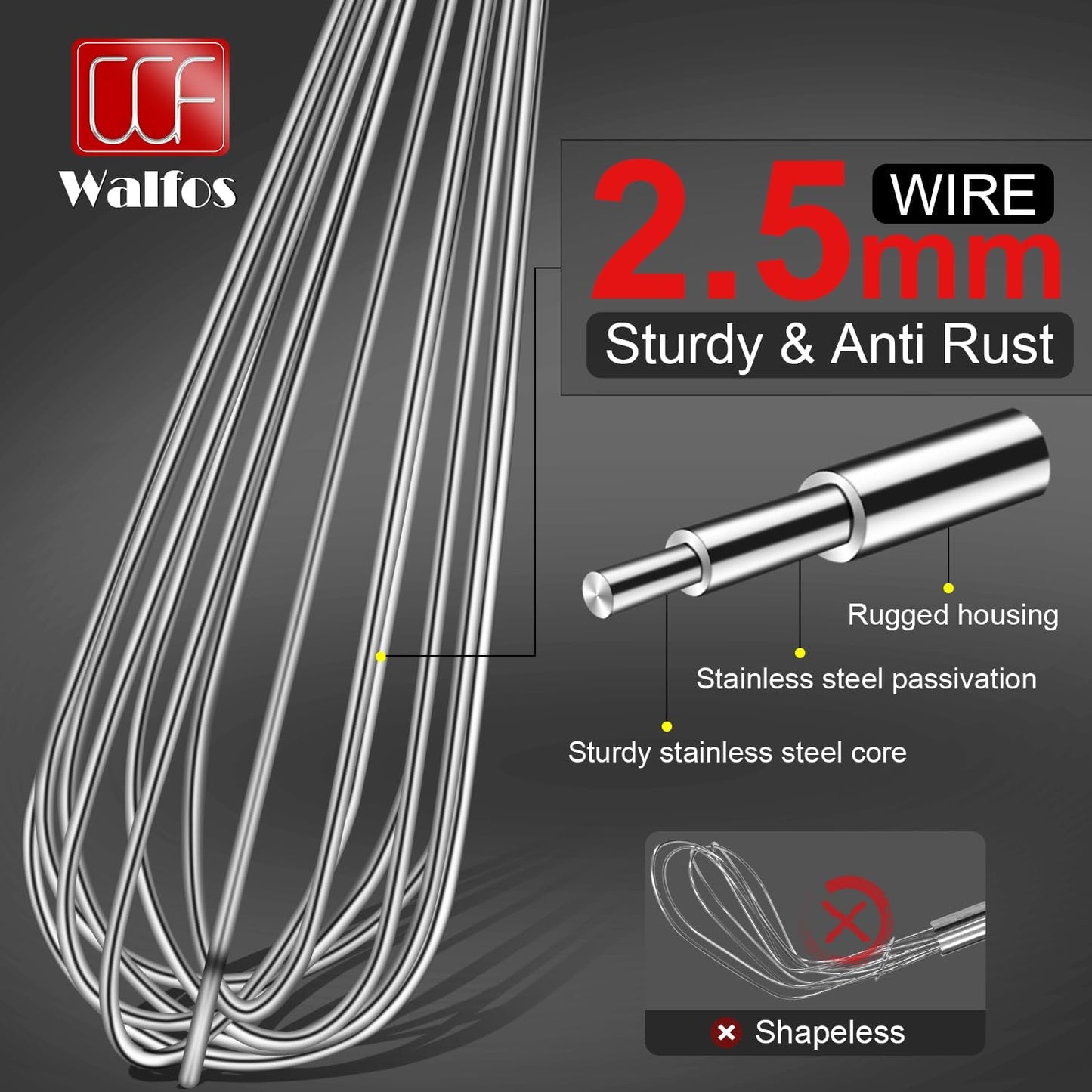 Walfos Whisk,17in Large Whisks, Heavy Duty Stainless Steel Wire Whisk Ideal For Beating Eggs, Blending Sauces, Mixing Batter.