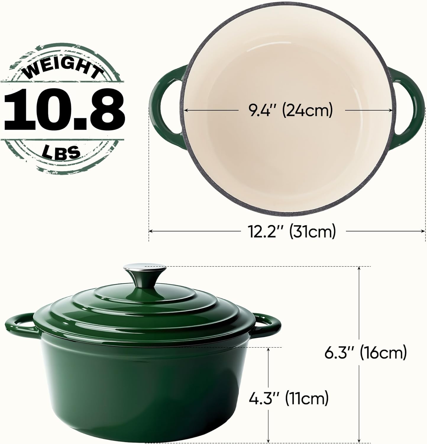 4.5 Quart Dutch Oven Pot with Lid, Non Stick Enameled Cast Iron Dutch Oven for Bread Baking, Heavy-Duty, Oven Safe Ceramic Cookware Up to 500°F for Baking, Braising, Stews, Roasting, Green