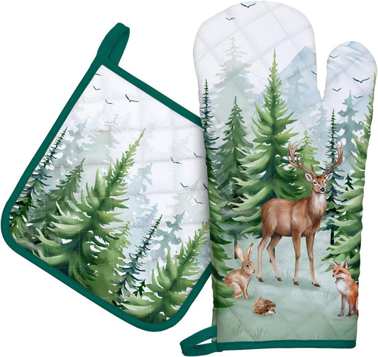 Woodland Deer Oven Mitts and Pot Holders Sets 2Pcs, 100% Cotton Heat Resistant, Extra Long Oven Gloves Potholder for Kitchen Cooking Baking Decoration