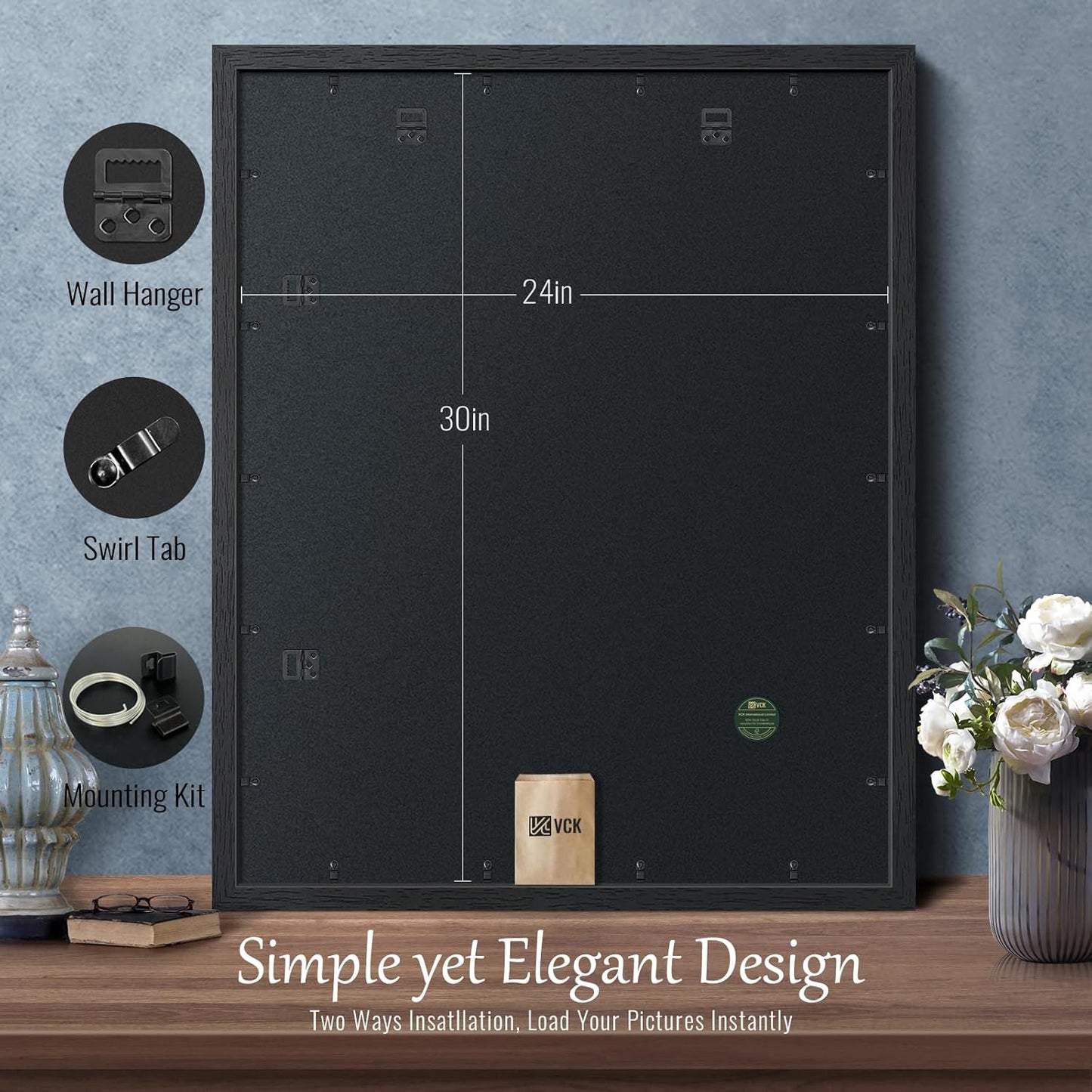 VCK 24x30 Poster Frame Set of 5 - Black, Textured Exclusive Solid Wood Picture Frames with Polished Plexiglass, Wall Hanging