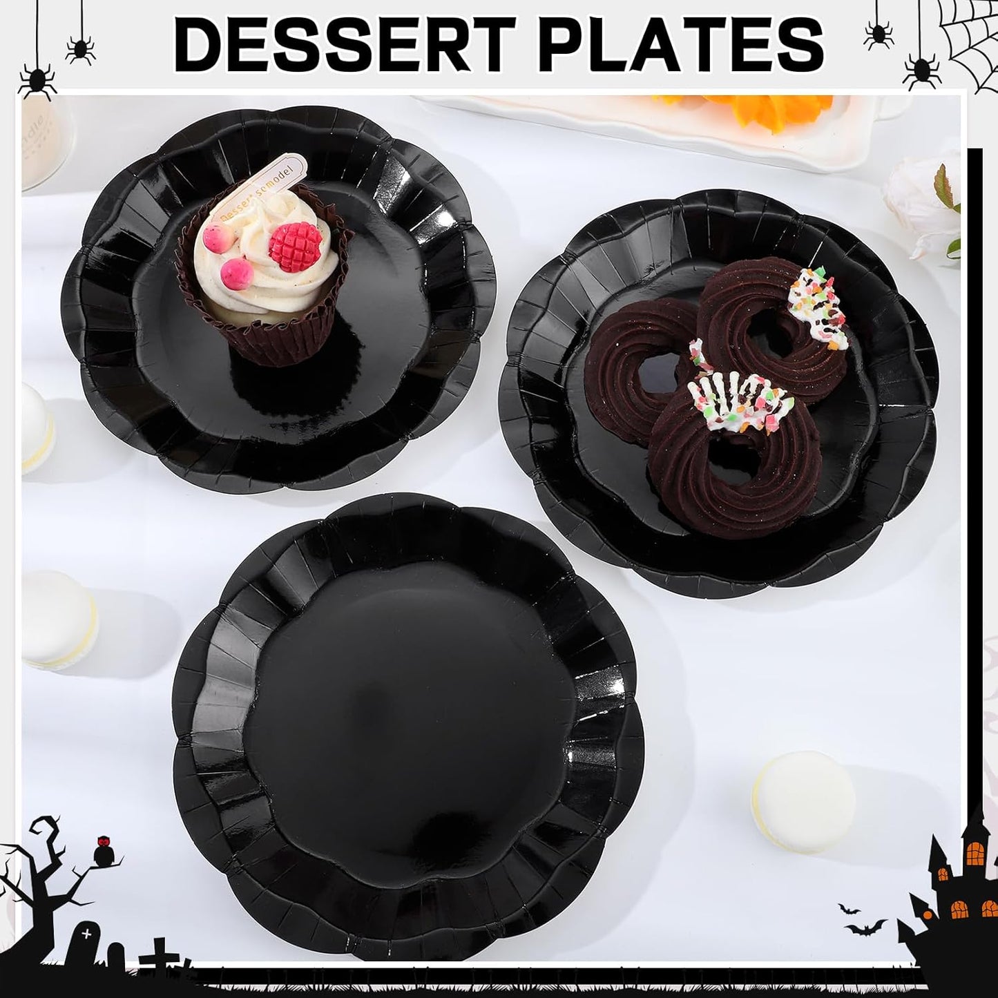 30pcs Black Halloween Paper Plates, 7 in Scalloped Halloween Party Plates Black Dessert Cake Plate Disposable Paper Plate for Wedding, Birthday, Holiday Party