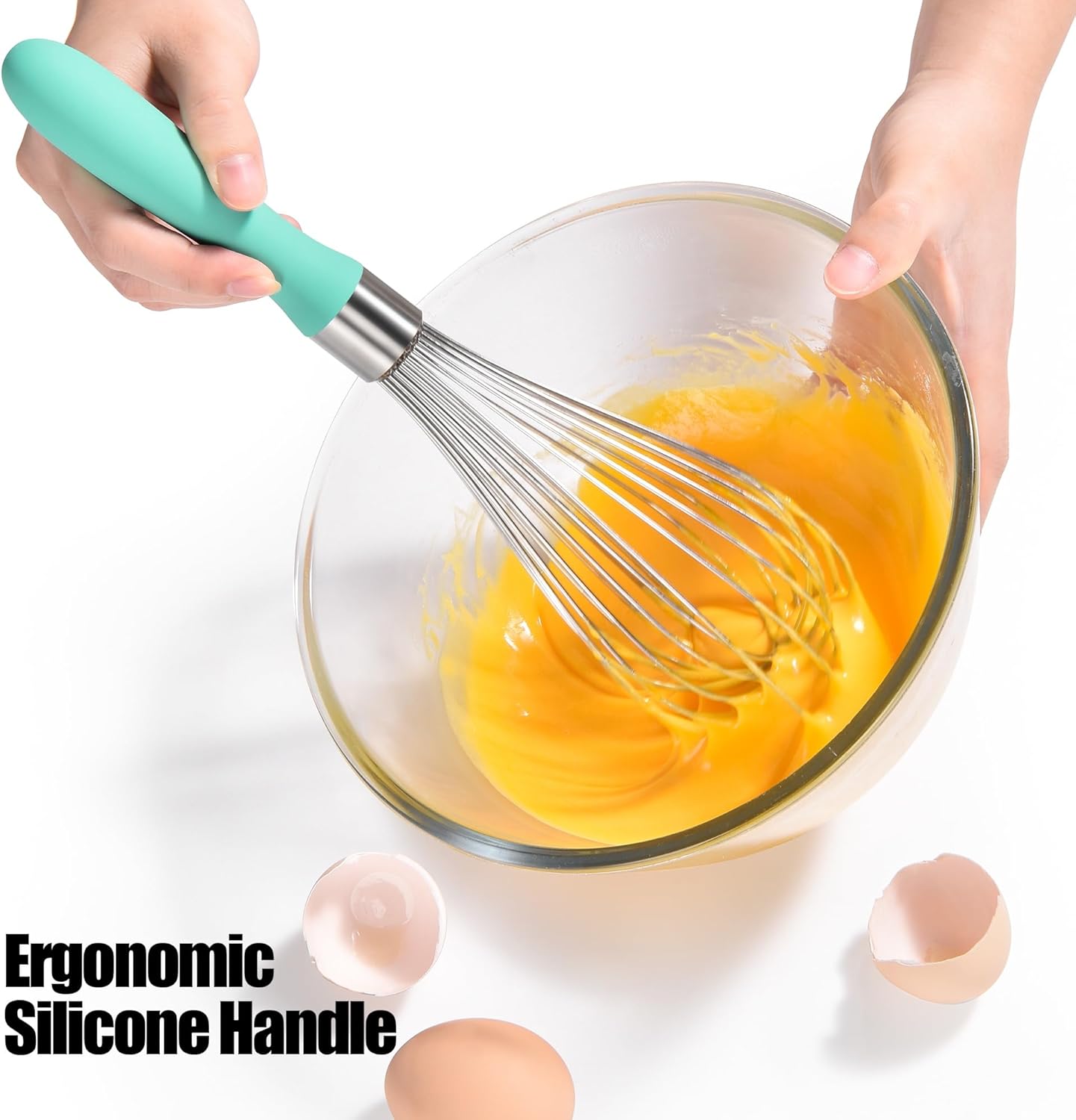 18/8 Stainless Steel Balloon Whisk, Doosu Kitchen Whisk for Cooking Handheld Egg Beater with Rust-Proof Sturdy Wires & Non-Slip Silicone Handle for Beating, Stirring, Blending (12 Wires, Aqua Sky)