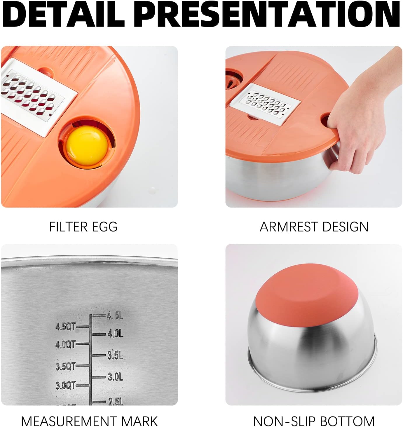 Mixing Bowls with Lids Set,3 Pieces Stainless Steel Nesting Bowls Vegetables Slicer Non-Slip Mixing Bowl for Baking Prepping Cooking(Orange)