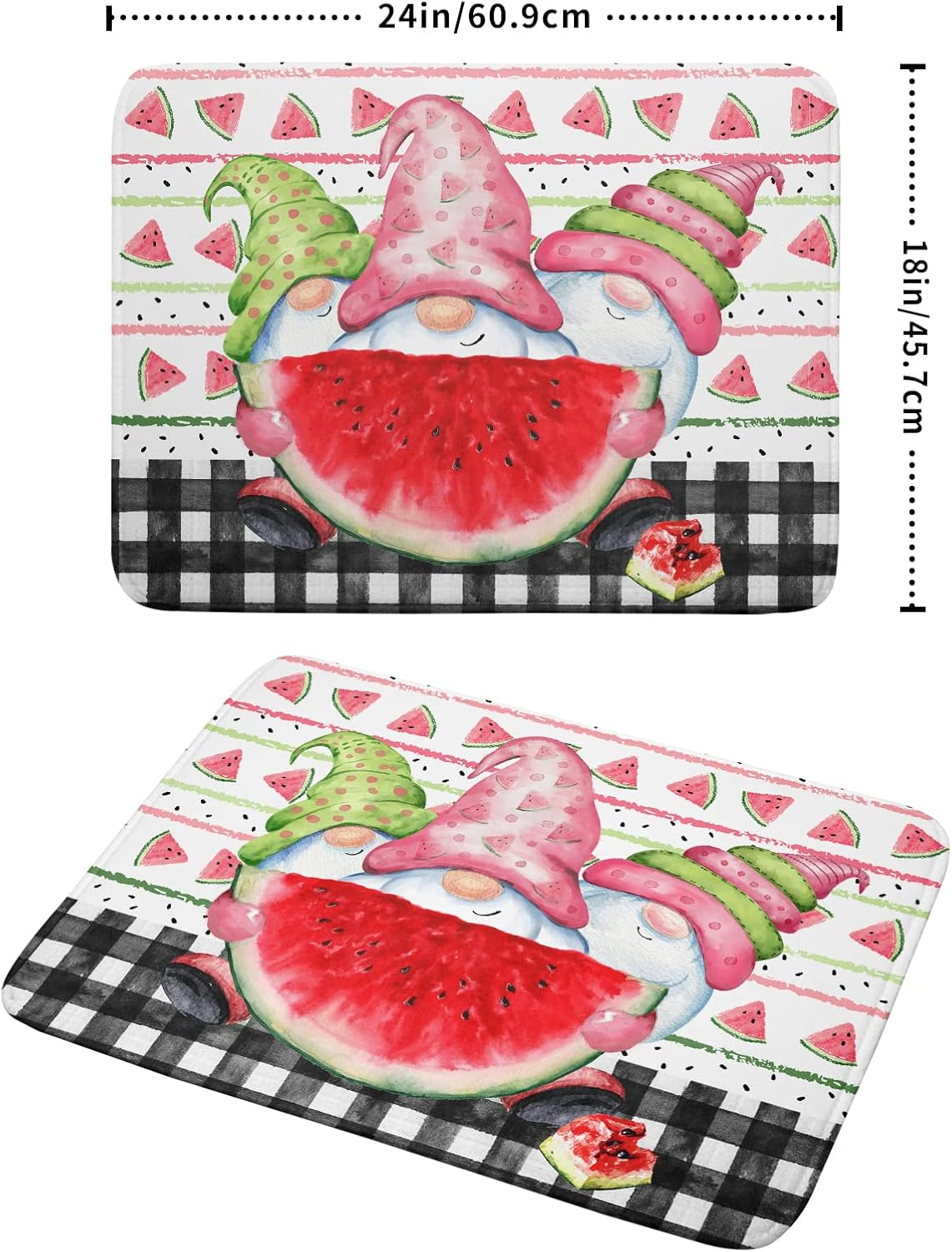 Summer Gnomes Dish Drying Mat 18x24 Inch ,Watermelon Fruit Buffalo Plaid Kitchen Dry Mats with Loop Absorbent Foldable Dishes Pad for Sink Counter Drainer Countertops Refrigerator Protector