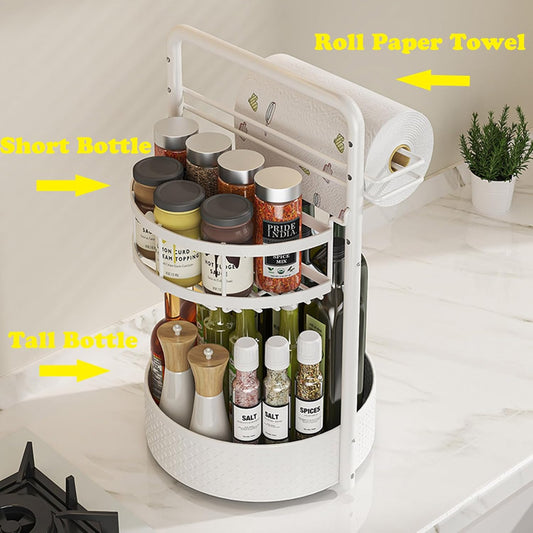 Lazy Susan Organizer, 360° Rotating Metal Spice Rack with Paper Towel Holder, Turntable Spice Holder for Condiments, Bottles, Jars, Suit for Kitchen Countertop & Cabinet, White
