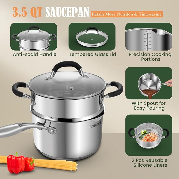 AOSION 3.5 Quart Stainless Steel Saucepan with Steamer Basket,Tri-ply Full Body Steamer Pan,Two Side Spouts for Easy Pour with Ergonomic Handle,Perfect for Vegetables,Boiling,Pasta,Noodles