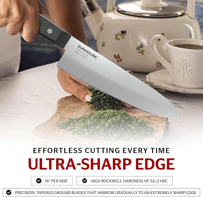 Sunhouse Chef Knife, 7.5 Inch High Carbon Stainless Steel Sharp Kitchen Knife with Ergonomic Handle, Ultra-durable 2-layer Molded Handle, A Useful Chef Gift for Mom and Dad