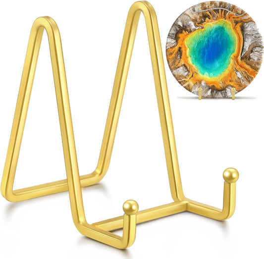 Metal Square Wire Plate Stands for Display - 4.5 Inch Holder + Picture Frame Stand Easel for Book, Decorative Plate, Plaque, Photo, Platter (Gold 2 Pack)