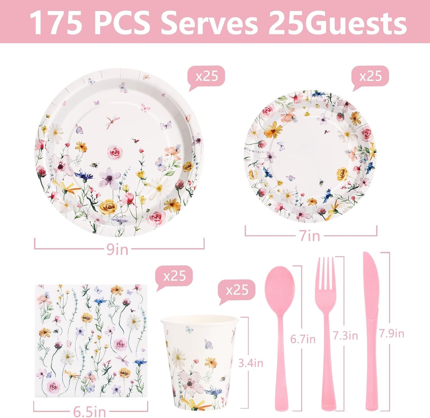Wildflower Party Supplies Decorations 175PCS Floral Paper Plates and Napkins, Tea Party Plates and Cups Disposable Dinnerware Sets for Spring Butterfly Birthday Decorations, Serves 25
