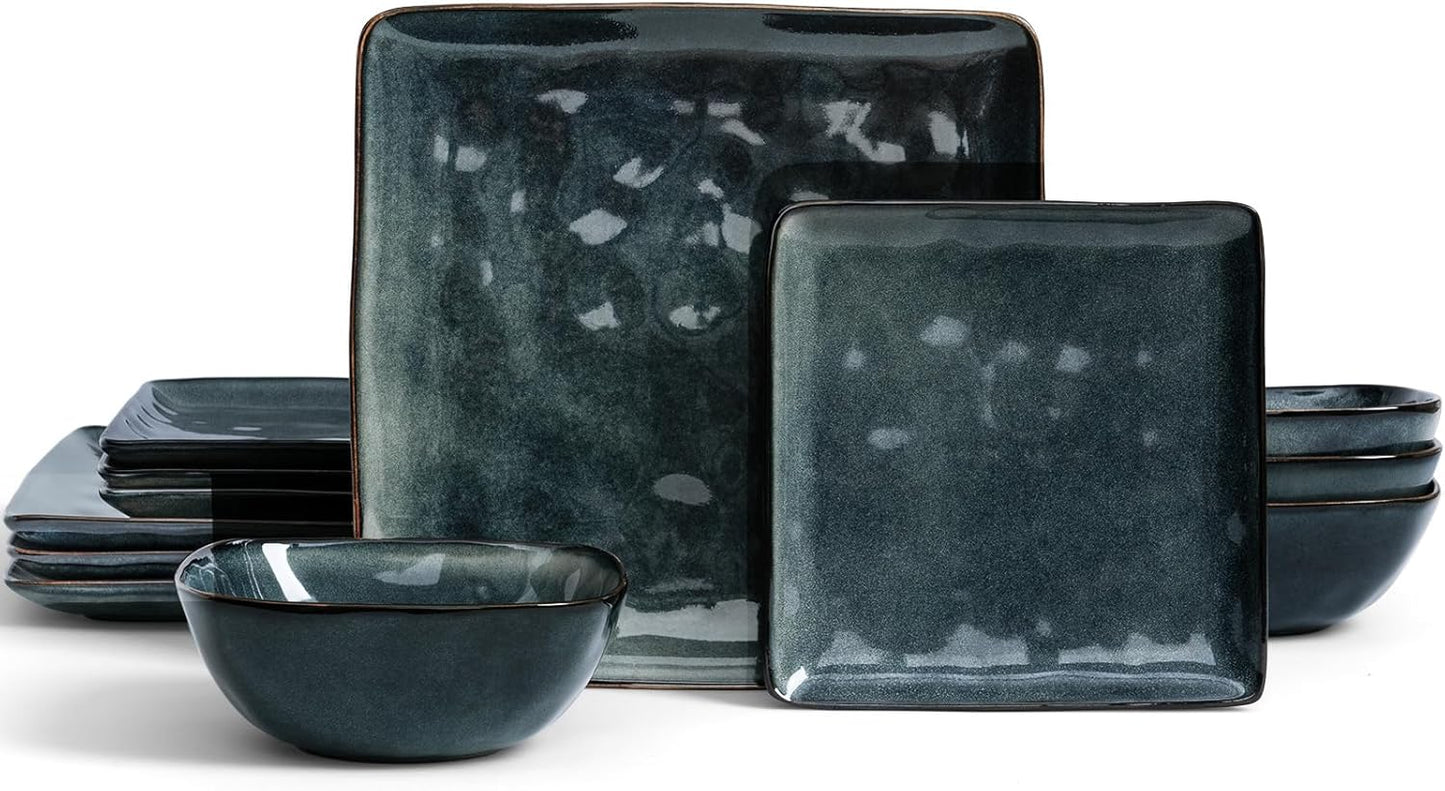 Famiware Dinnerware Sets for 4, Ocean Square 12-Piece Kitchen Plates and Bowls Sets, Reactive Glaze, Microwave and Dishwasher Safe, Scratch Resistant, Deep Forest