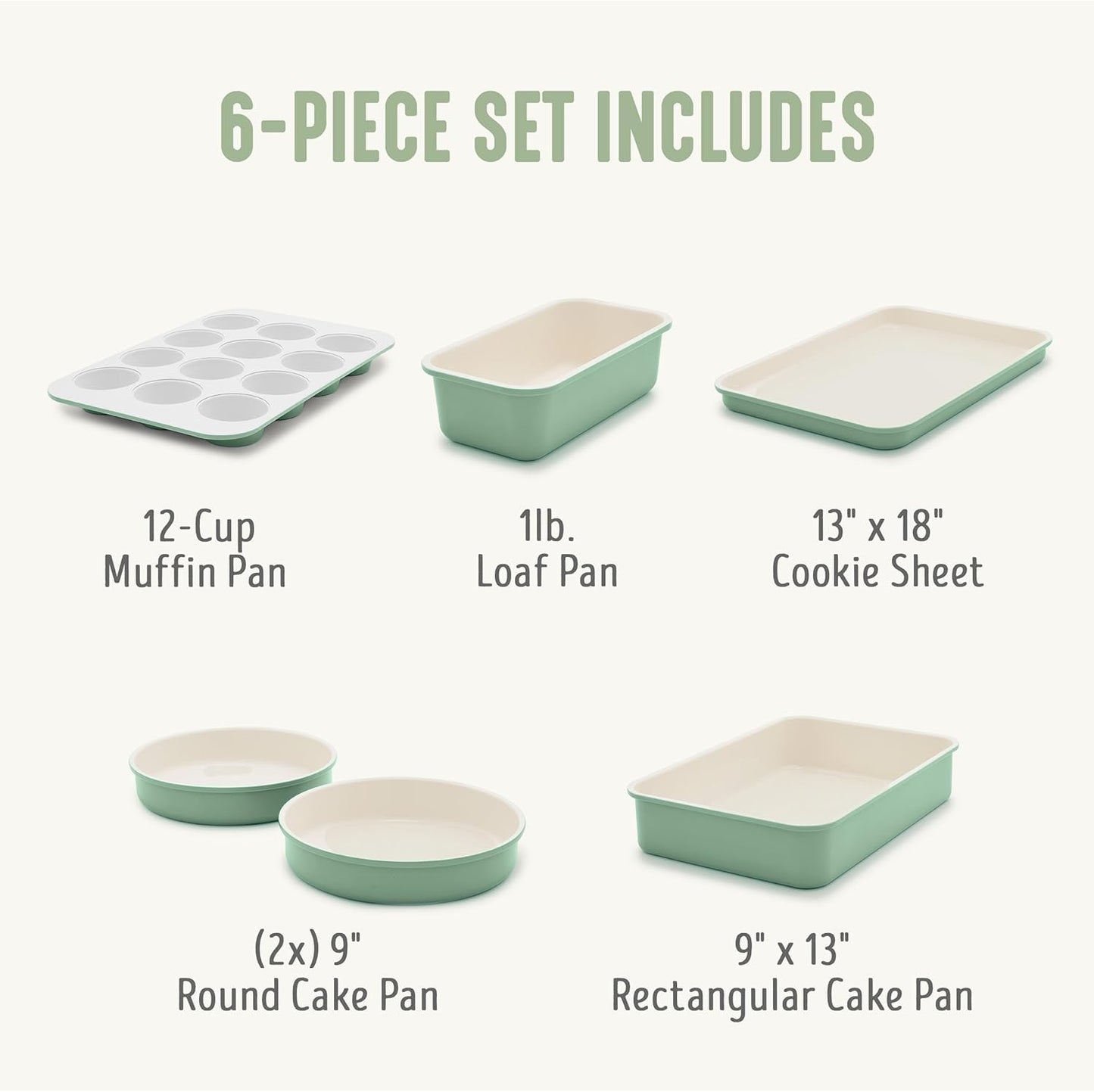 GreenLife 6 Piece Nonstick Bakeware Set, Non-Toxic PFAS-Free Ceramic Oven Pans, Dishwasher & Oven Safe to 450°F, Easy Release Baking Sheet, Loaf Pan, Rectangle & Round Cake, Muffin Pan, Sage