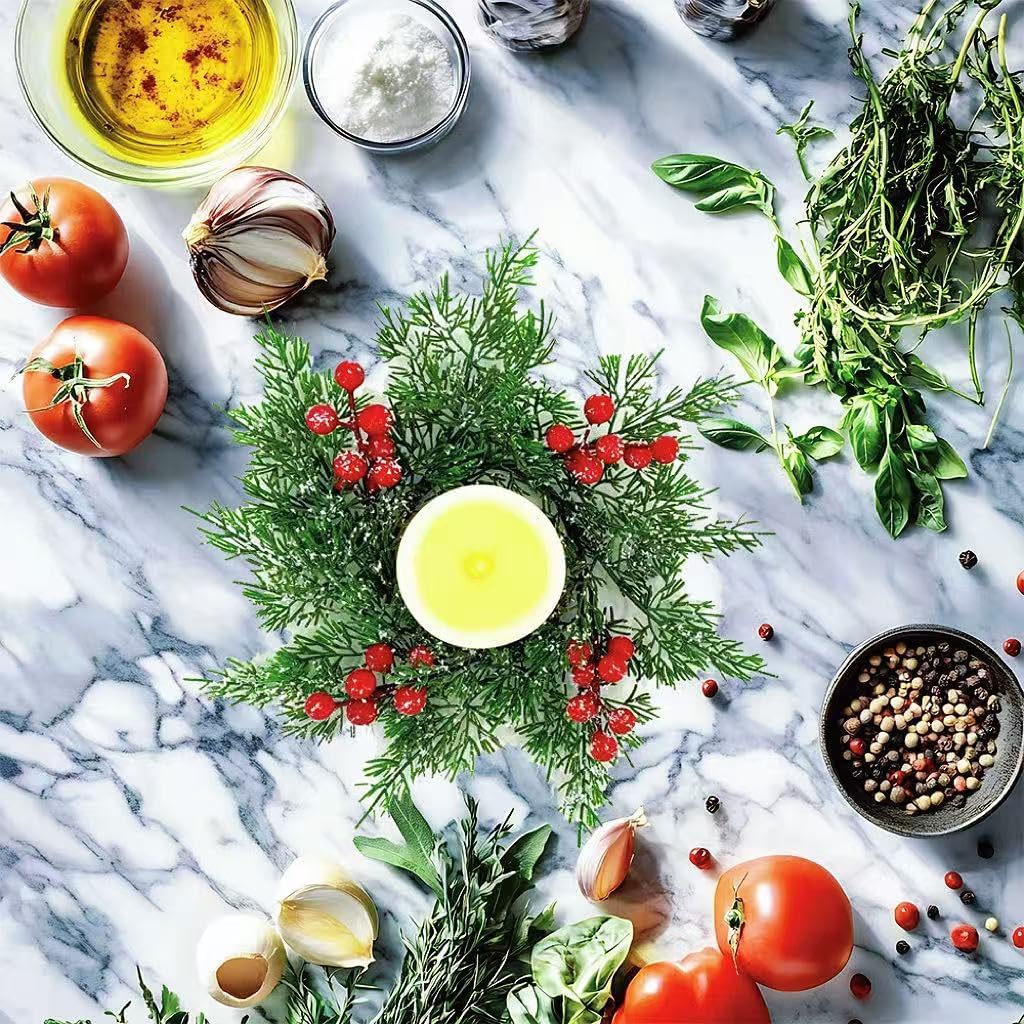 4Pcs Mini Christmas Candle Rings Wreaths, 10Inch Christmas Pine Kitchen Cabinet Candle Holder with Red Berries for Table Cenderpiece Chair Wall Window Decor