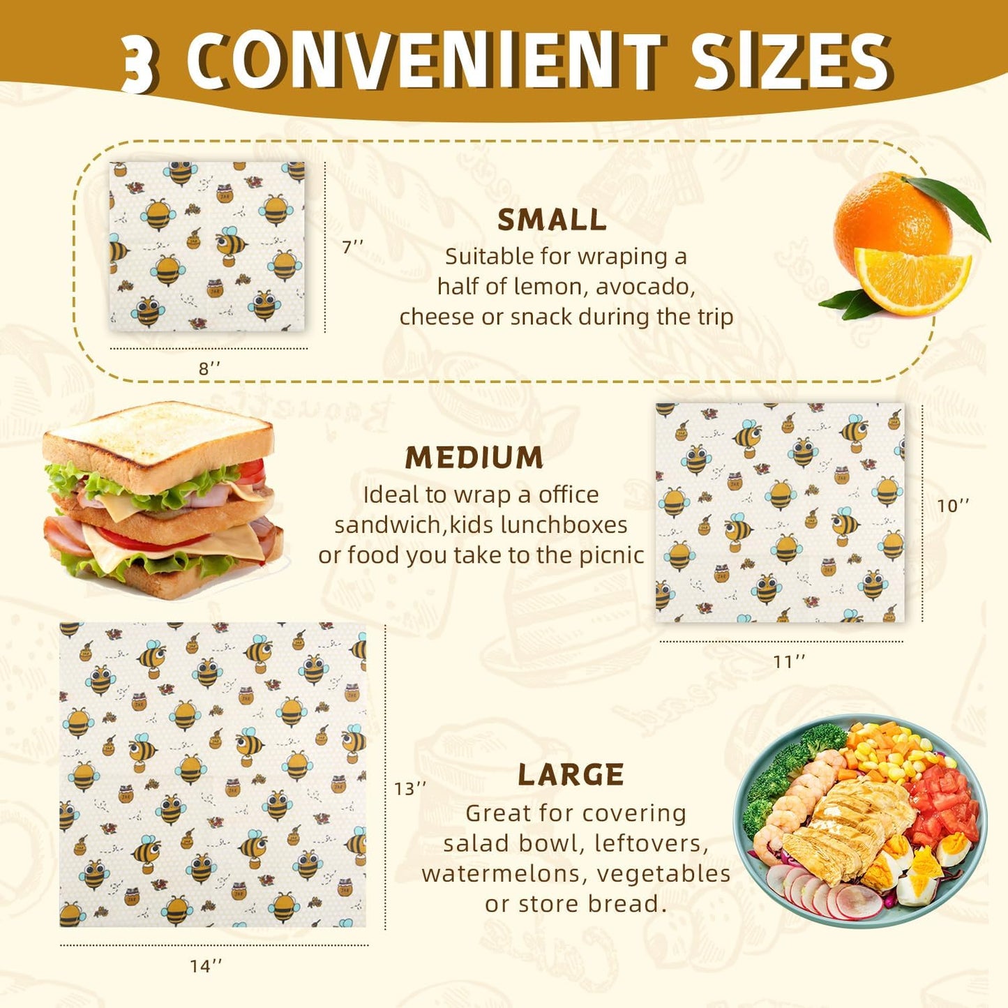 1 Large Beeswax Bread Bags for Homemade Bread Sourdough & 3 Beeswax Wraps, Easy to Clean Reusable Beeswax Breads Bags for Sourdough, 17 X 13 Inch Charming Honeybee Pattern Food Storage Bag