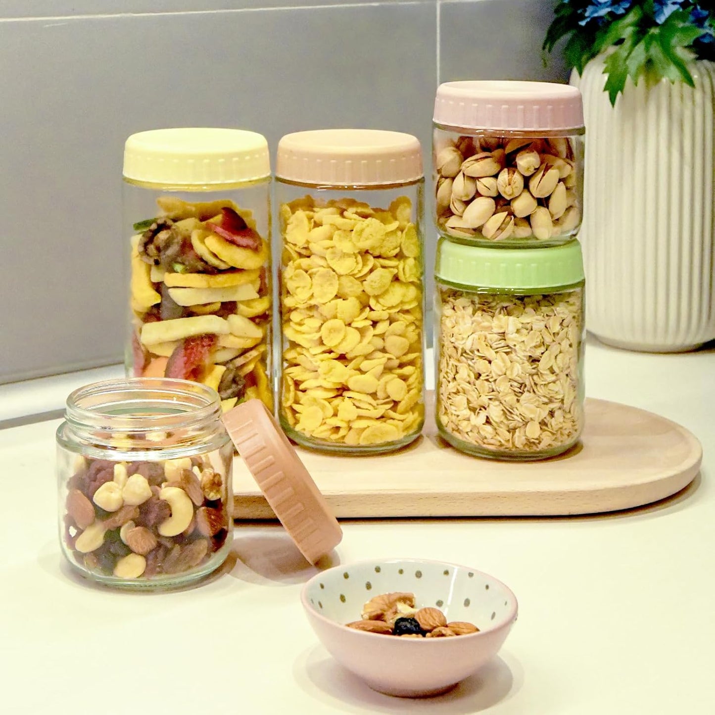 Overnight Oats Containers with Lids, 24oz Glass Jars with Lids 4 pcs, Light Blue, Wide Mouth Mason jars for Salad, Yogurt, Snacks, Meal Prep