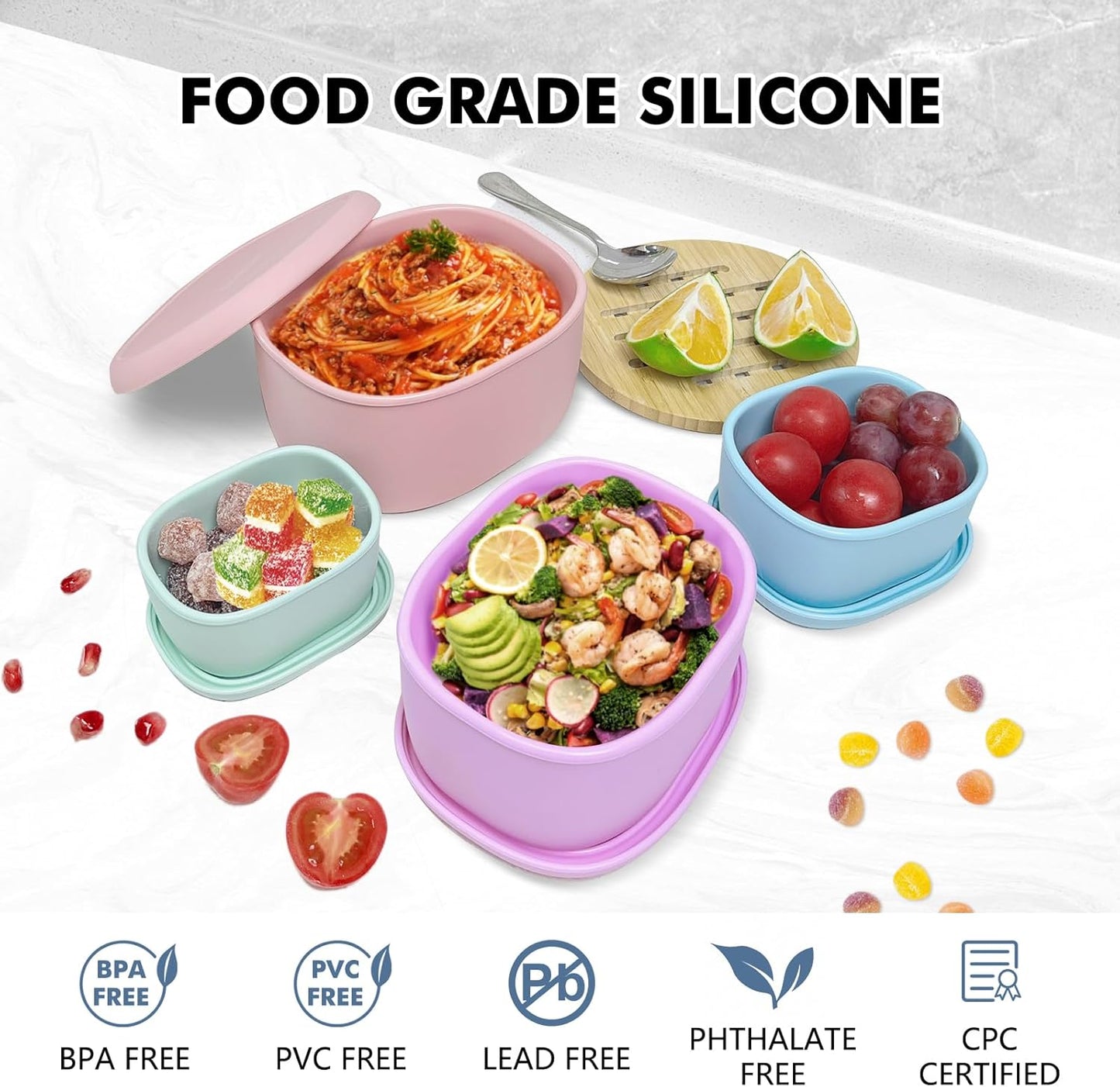 Anatole Silicone Food Storage Containers 4 Pcs Lunch Bento Box with Lids Leakproof Dishwasher Microwave Oven Freezer Safe BPA Free CPC Certified (30oz 20oz 10oz 6.7oz)