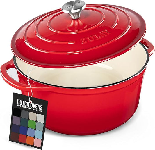 Zulay Kitchen 7.7 Quart Enameled Cast Iron Dutch Oven Pot with Lid – Premium Durability & Oven Safe up to 500°F – Heavy Duty Cookware Perfect for Bread Baking, Stews, Braising & Roasting – Red