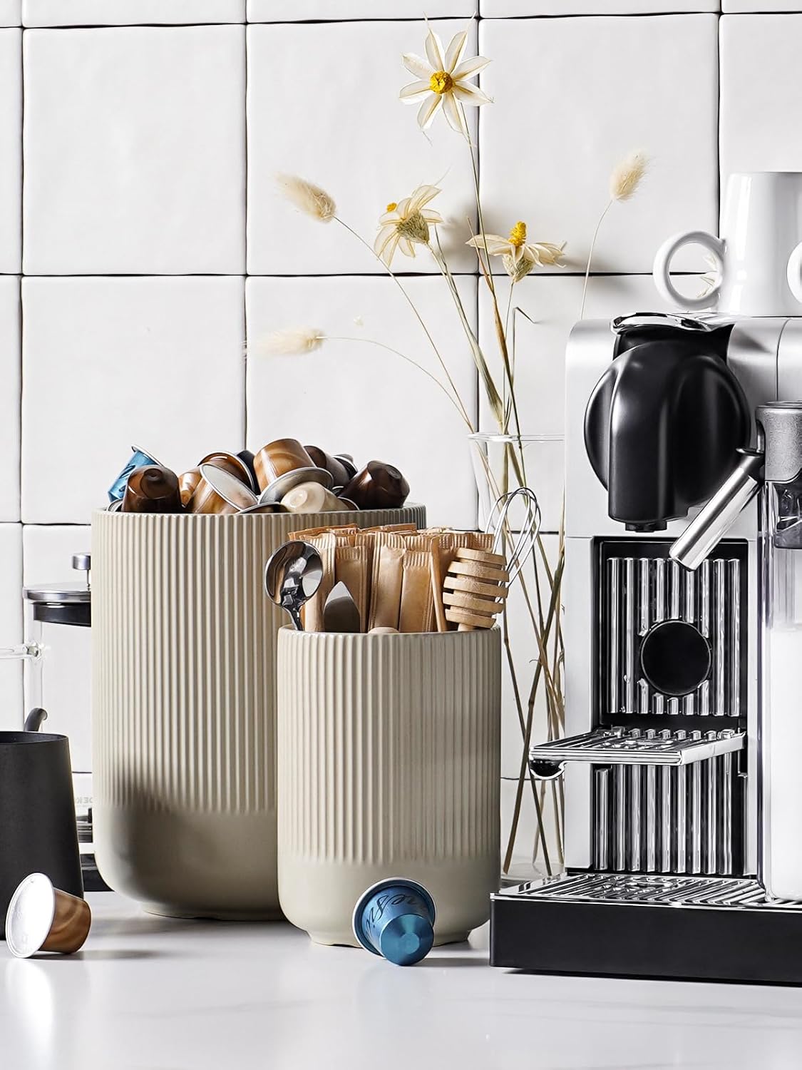 LE TAUCI Utensil Holder, 7.3"+5.4" Ceramic Kitchen Utensil Holder for Countertop, Large Cooking Utensil Crocks for Kitchen Counter, Modern Utensil Organizer for Spatula, Set of 2, Oatmeal Greige