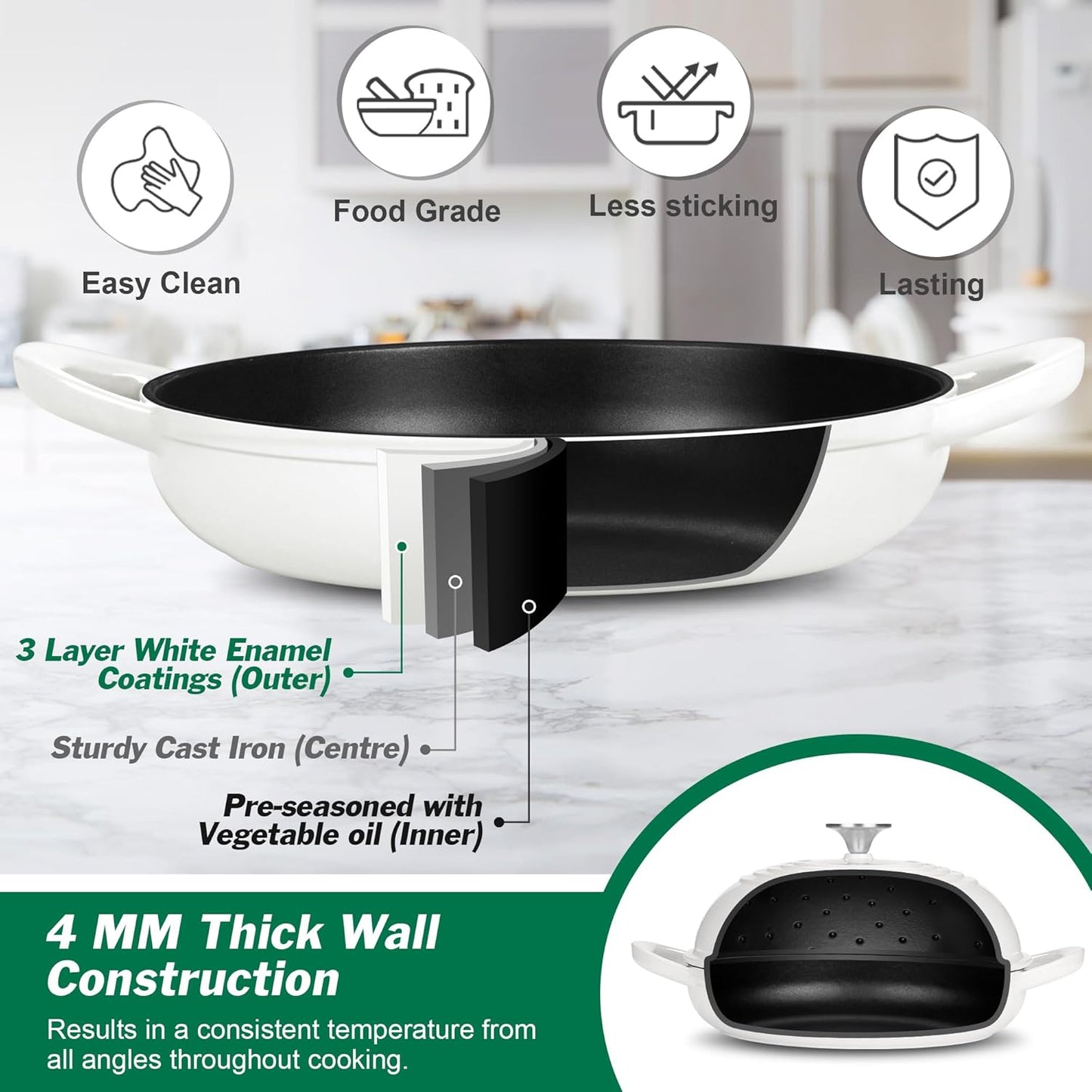 P&P CHEF Bread Dutch Oven for Sourdough, 5.5 Quart Enameled Cast Iron Dutch Oven Pot with Lid for Homemade Bread Baking, Easy to Clean & Even Heat, White