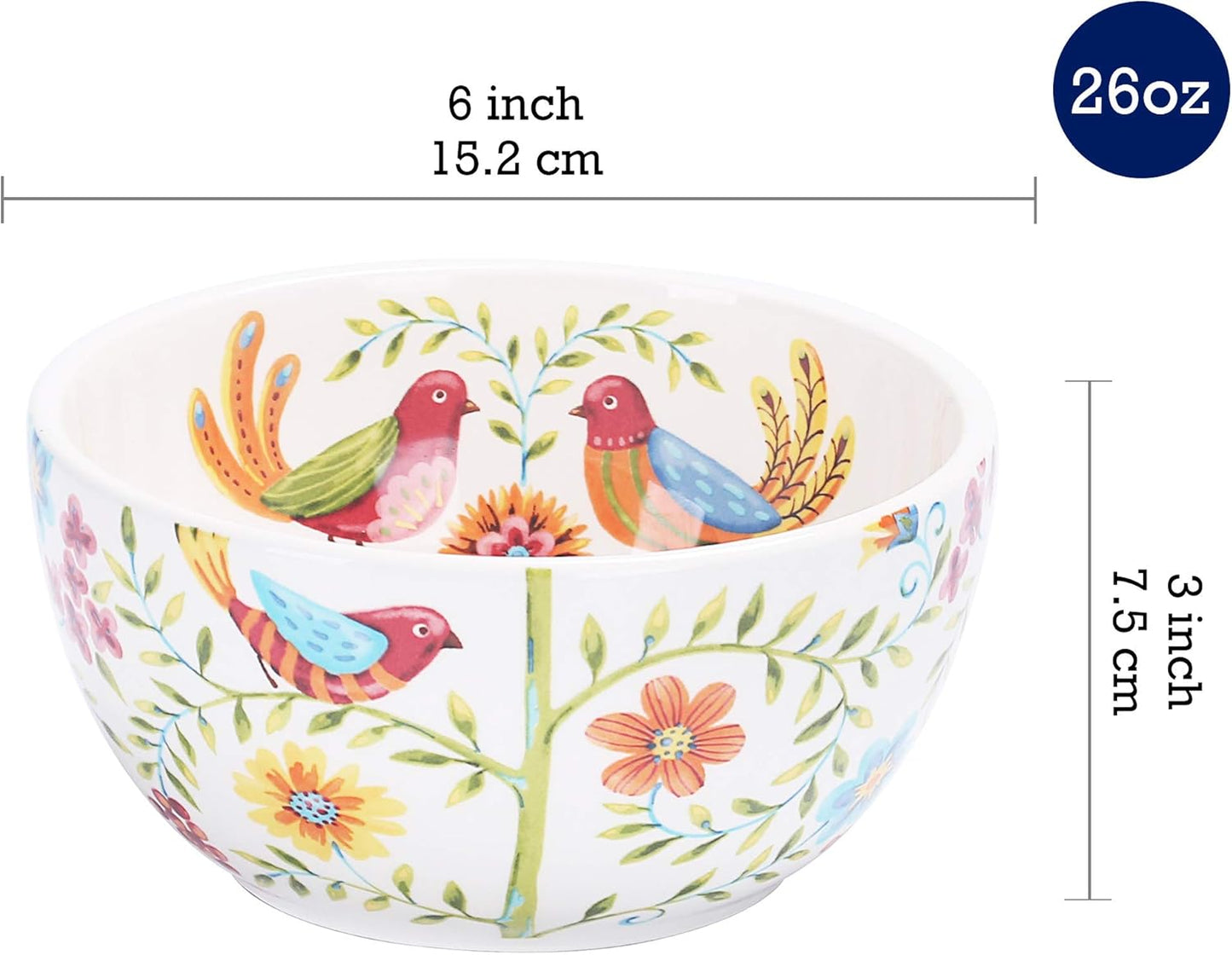 Bico Red Spring Bird Cereal Bowls Set of 4, 26 oz Deep Ceramic Soup Bowls for Cereal, Salad, Noodles, Kitchen, Microwave and Dishwasher Safe, Gift for Housewarming and Thanksgiving