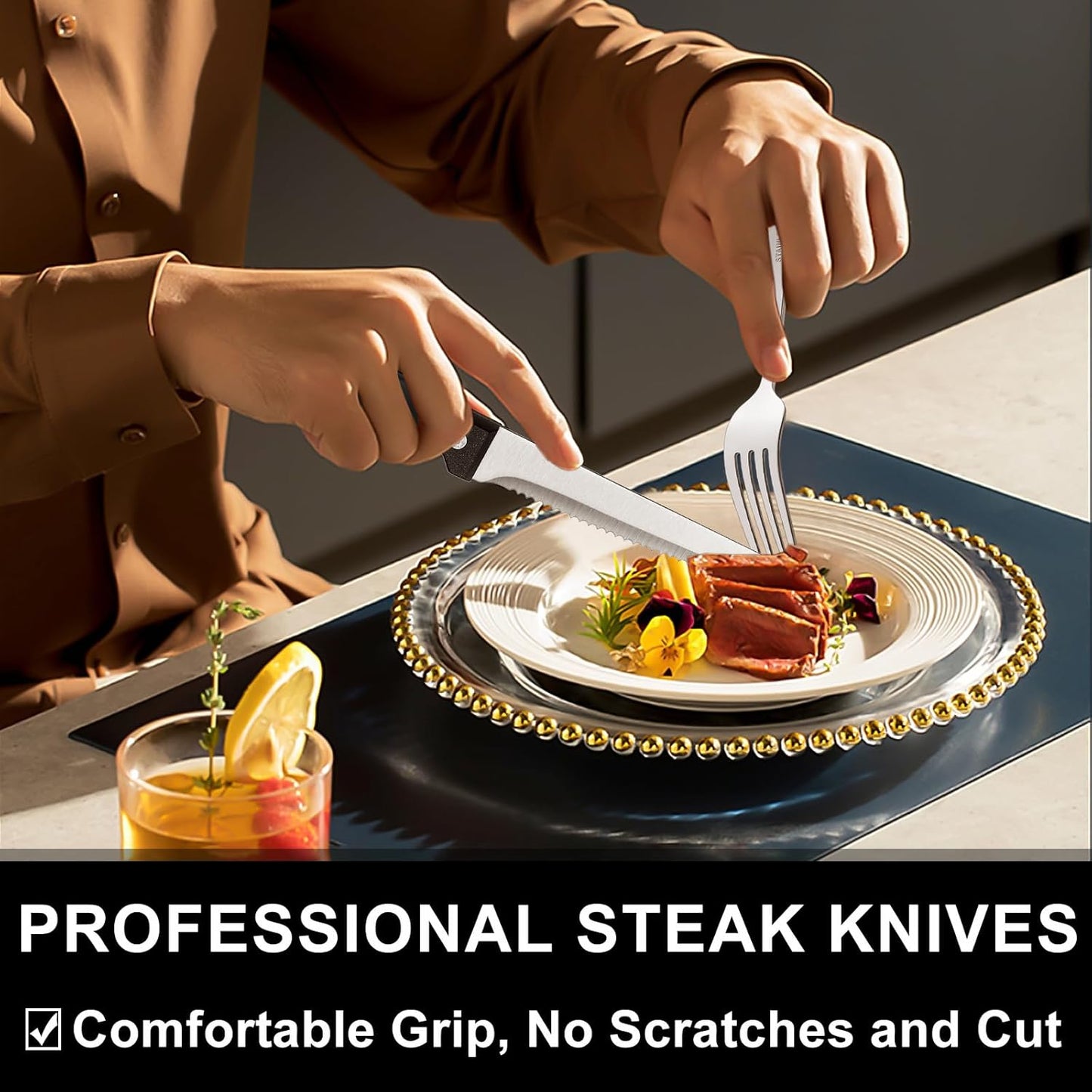 49-Piece Hammered Silverware Set with Organizer, Heavy Duty Stainless Steel Flatware for 8, Cutlery Utensil Sets with Steak Knives, Rust-proof, Mirror Polished, Dishwasher Safe