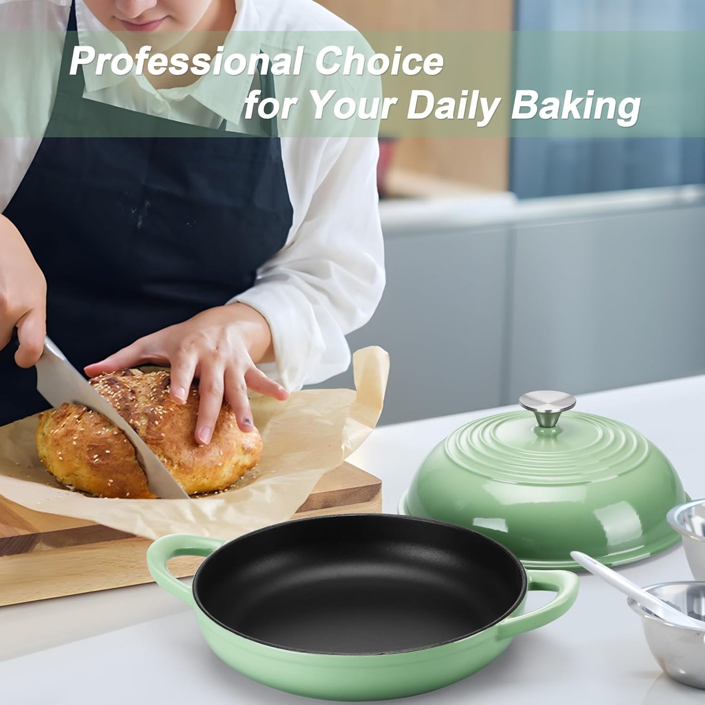 TeamFar Cast Iron Bread Dutch Oven, 6 Qt Enameled Dutch Oven Pot for Sourdough Bread Baking, with Tall Dome Lid & Round Base Pan, Self-Basting & Even-Heating, Heavy-Duty & Non-stick, Pistachio Green