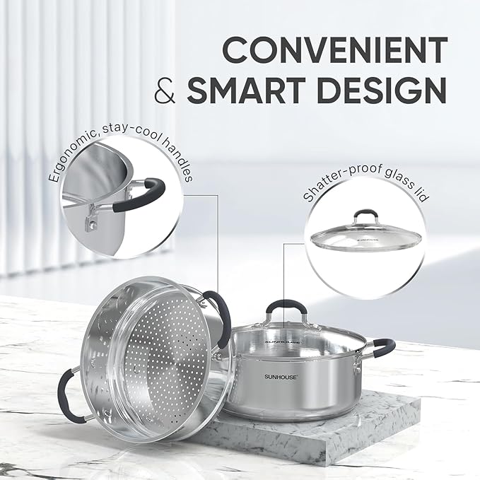 SUNHOUSE - 4.6 Quart Steamer Pots With Lid 2-Tier Multipurpose Stainless Steel Steaming Pot Cookware With Handle For Vegetable, Dumpling, Sauce, Food - Triple Bottom, Measurement Line
