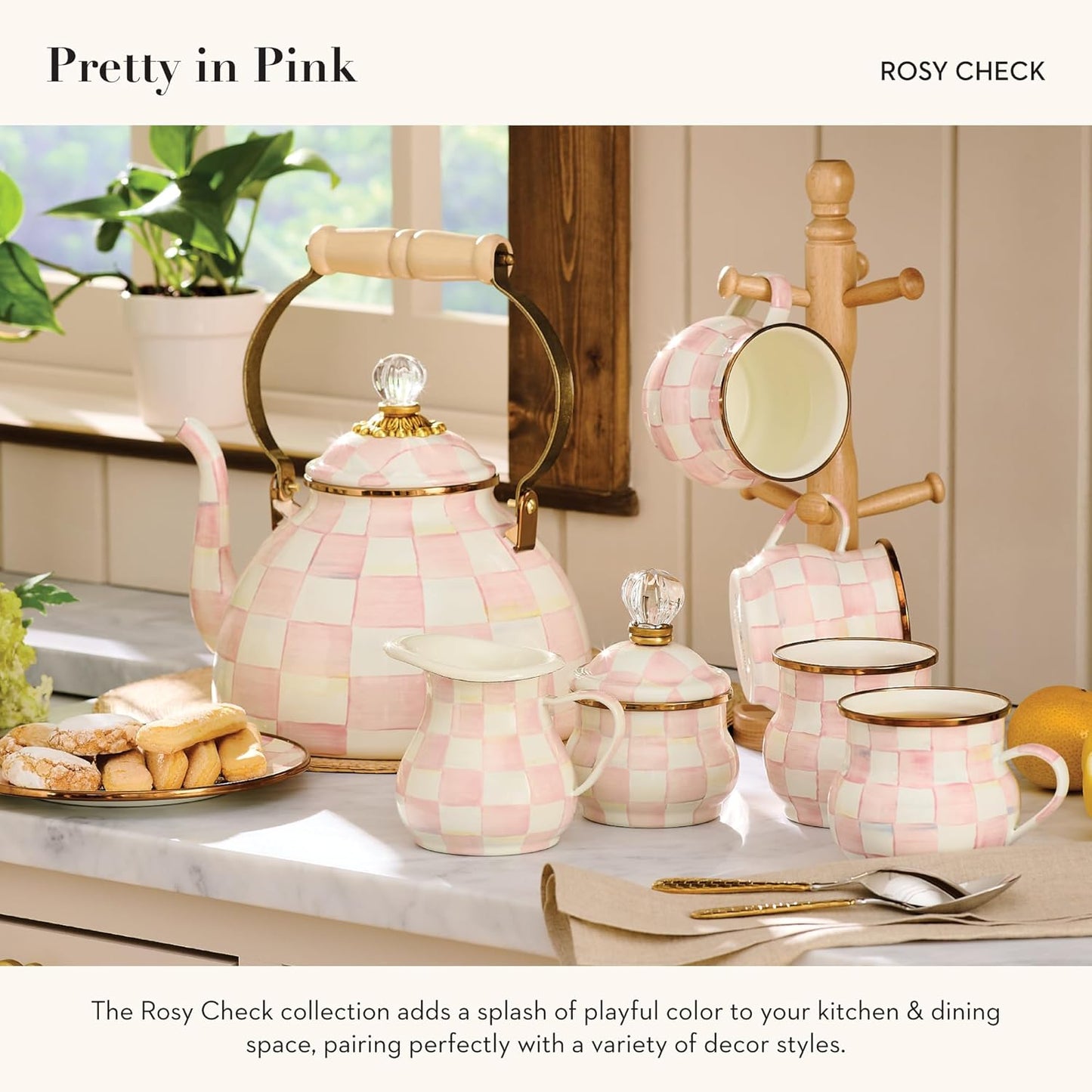 MACKENZIE-CHILDS Checkered Enamel Serving Bowl for Entertaining, Everything Bowl, Rosy Check