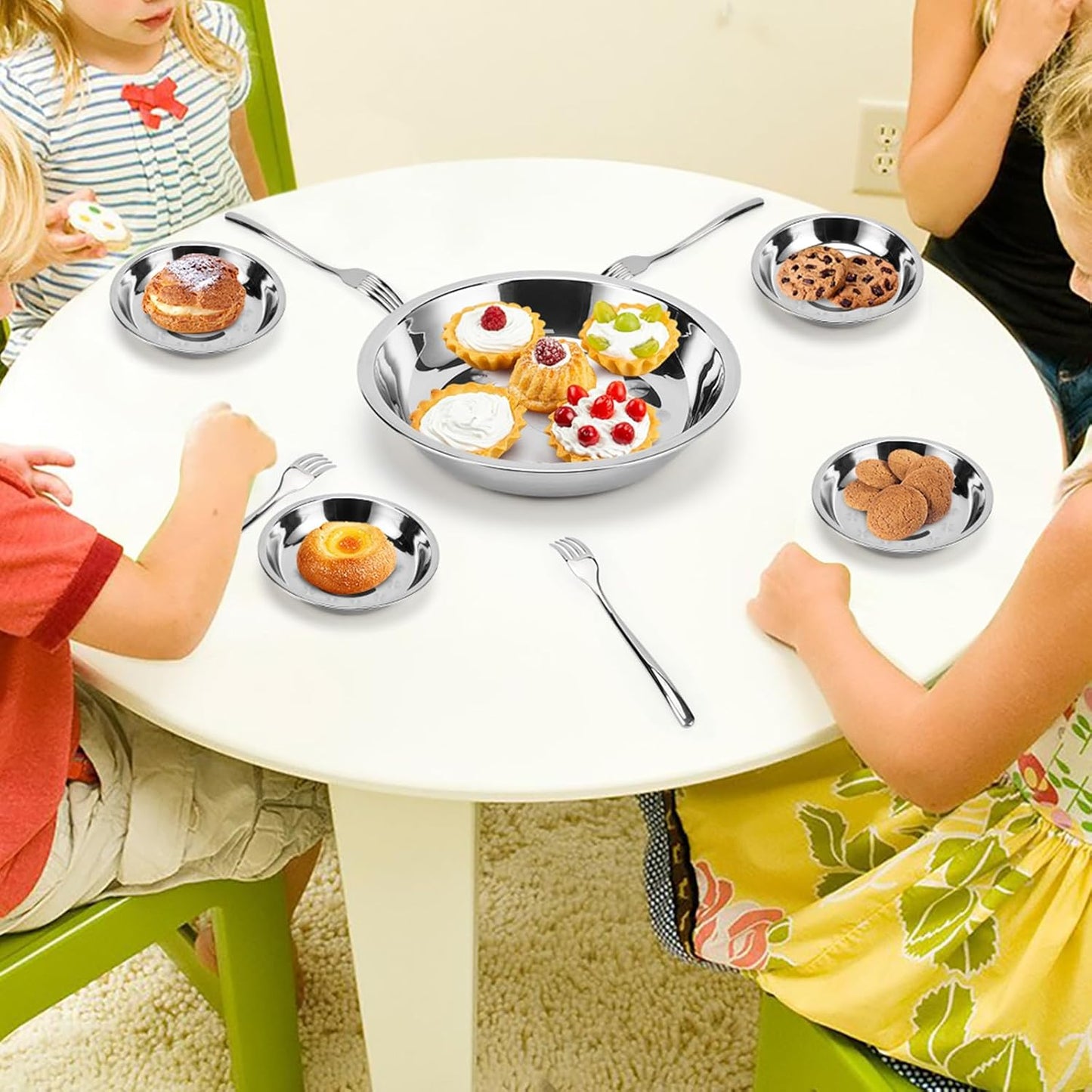 Patterned Deep Stainless Steel Plates, 8 Set 7 inch 304(18/8) Metal Food Serving Plate, Reusable Snack Eating Dishes Round Shatterproof Silver Dinnerware for BBQ Dinner Oven Dishwasher Safe