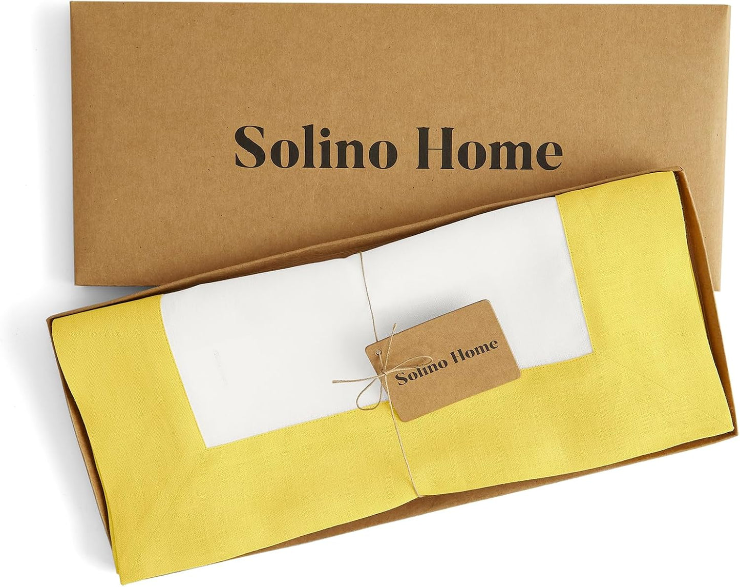 Solino Home Linen Table Runner 36 Inches - 100% Pure Linen Sunshine Yellow and White Table Runner 14 x 36 Inch Ideal for Dresser and Coffee Tables - Contempo